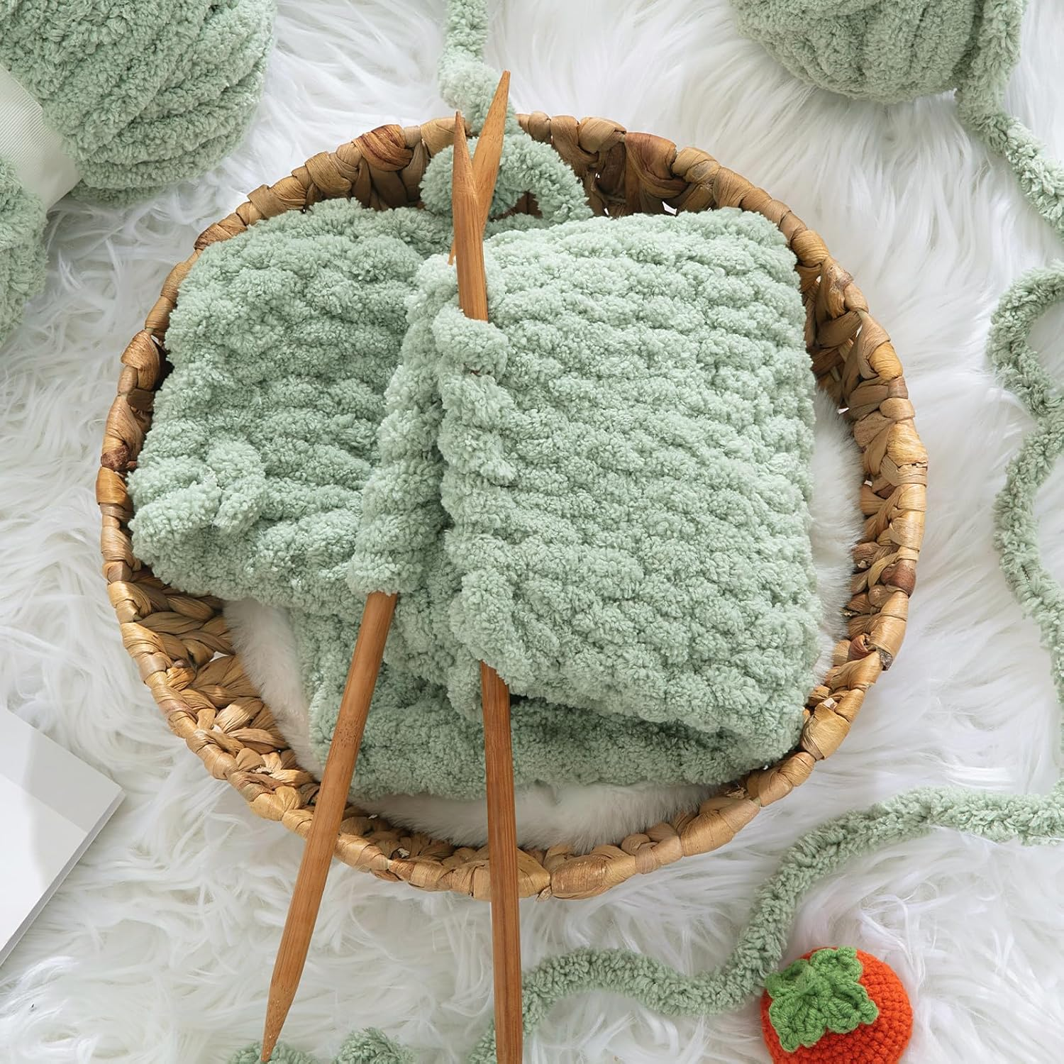 HOMBYS Sage Green Chunky Chenille Yarn for Hand Knitting,Fluffy Soft Jumbo Yarn Crocheting,Super Bulky Big Yarn for Chunky Blanket,Large Thick Arm Knitting Yarn,8 Pack Plush Yarn - 4 Cream+4 Pink image number 4
