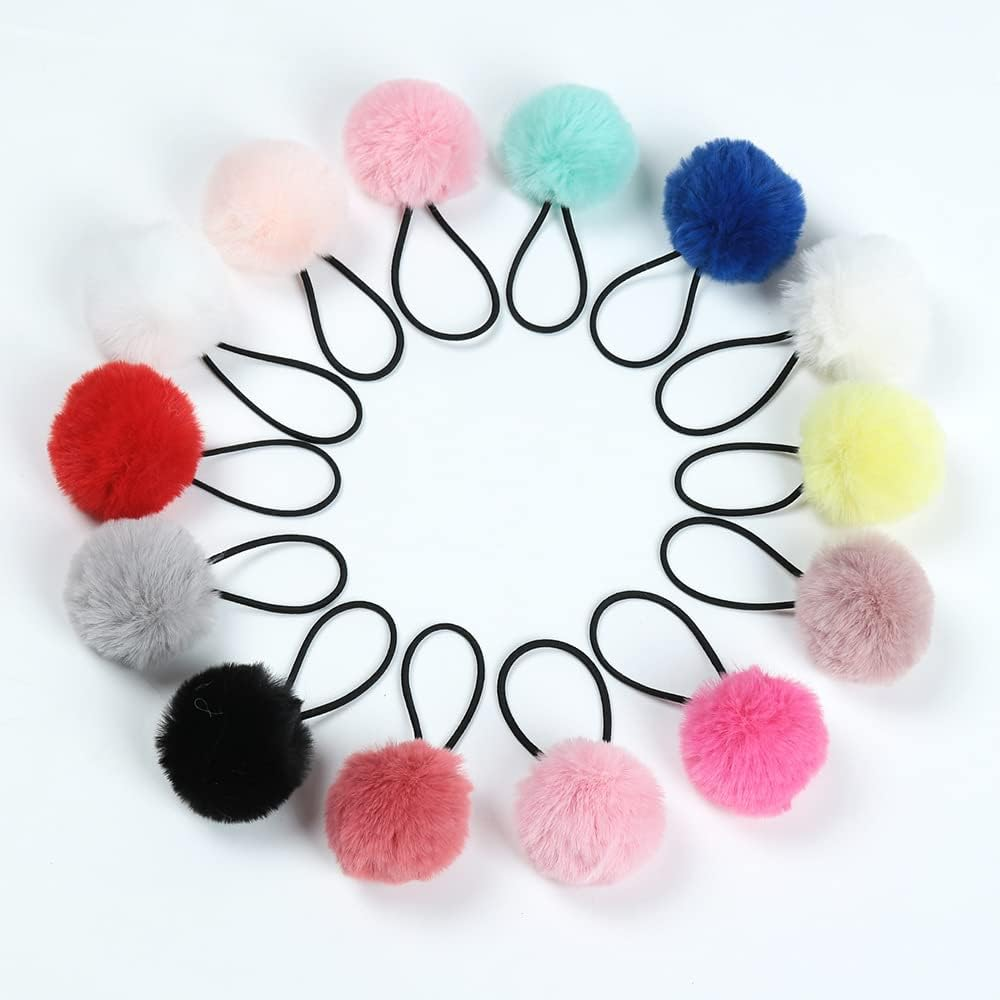 Pack of 5 Pom Pom Hair Bands for Women, Elastic Pom Ball Hair Band, Small Hair Bobbles Scrunchie with 5 Cm Pompoms, Hair Accessories for Ponytail, Thin Braids, Red image number 6