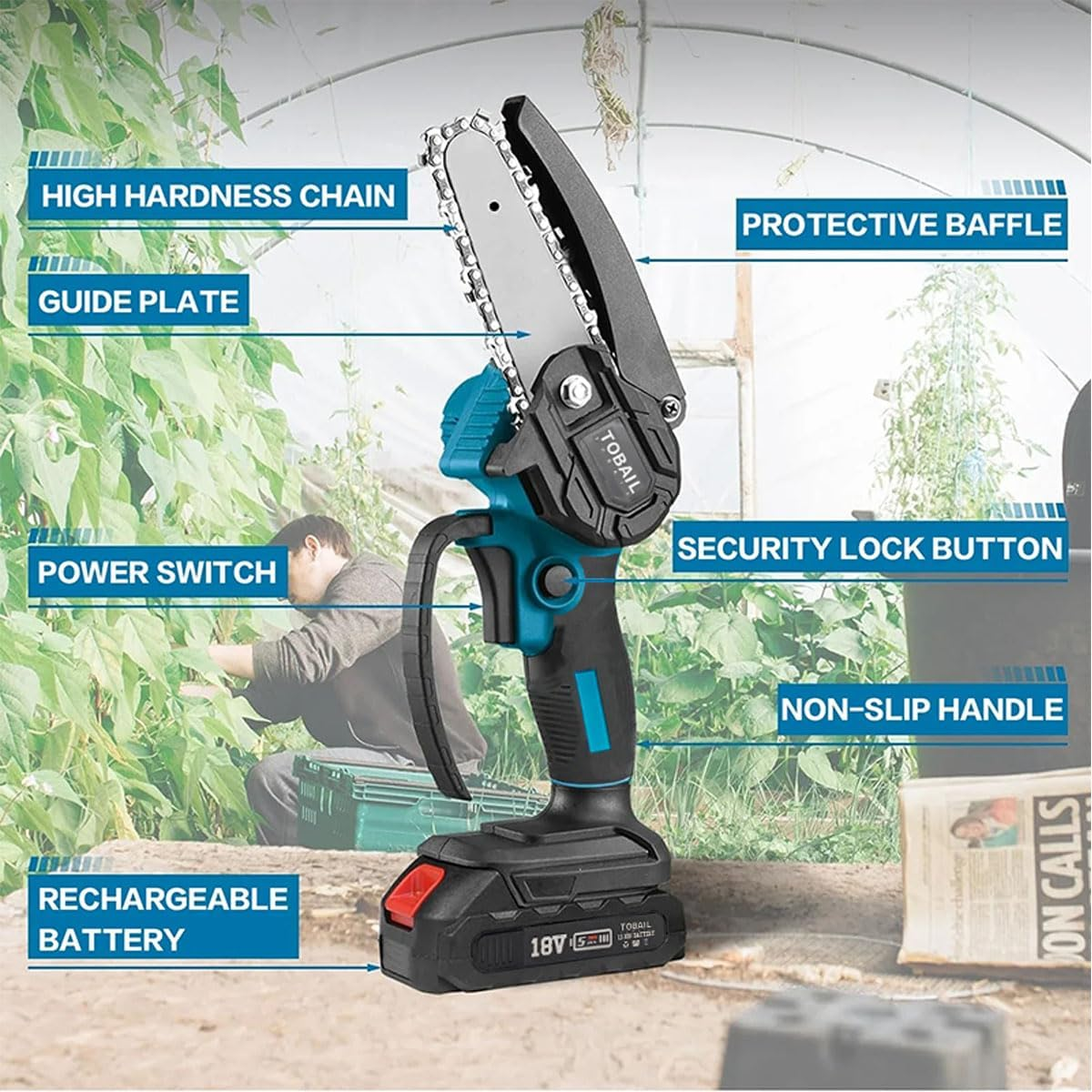 2 Battery 4" Mini Cordless Chainsaw, Rechargeable Electric Pruning Chain Saw, One-Handed Portable Chainsaw for Branch Wood Cutting Garden Tree Logging Trimming image number 4