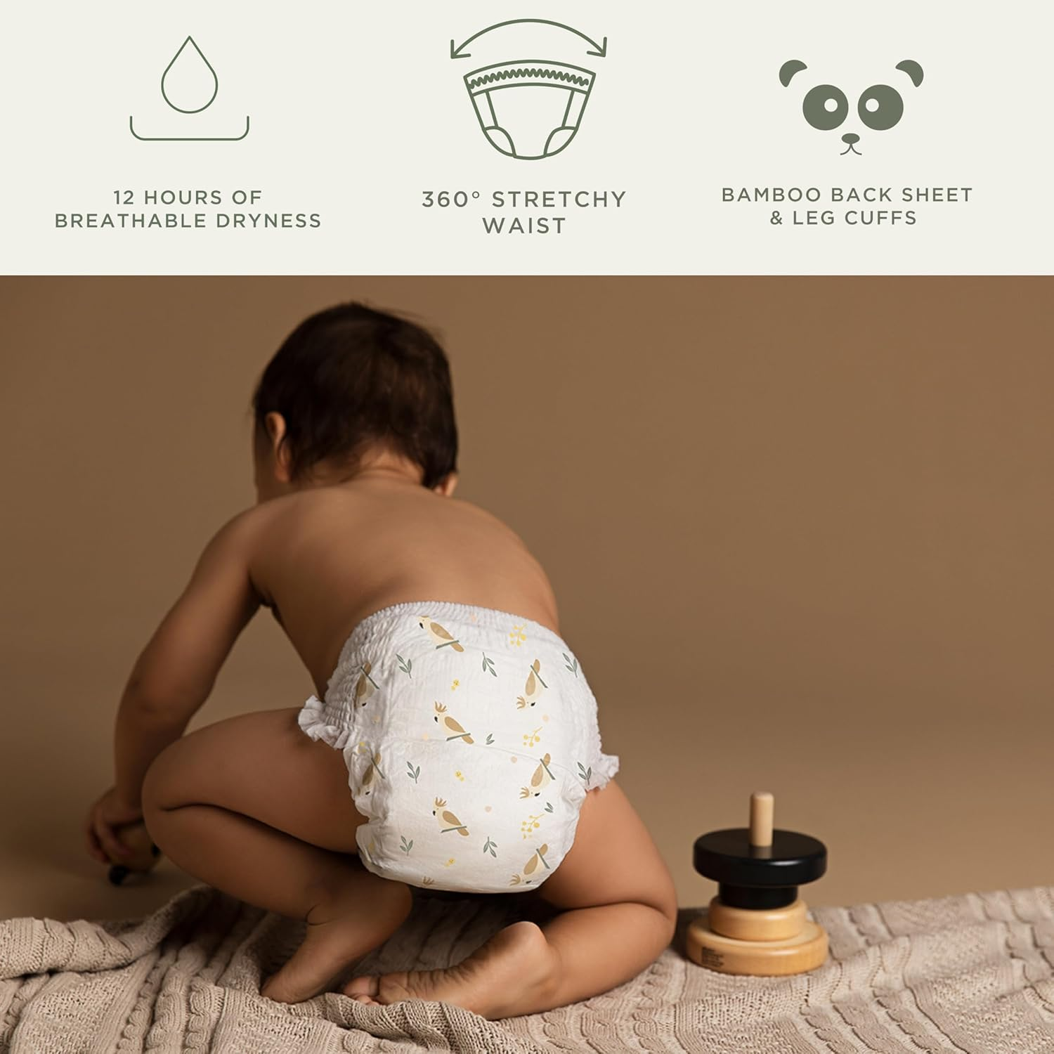 Tooshies Nappy Pants | Size 6 Junior 16Kg+ | 75% Less Plastic | 12 Hours Leak Free | Pull up and Tear off | Unisex |Cockatoo Print | 26Pk | 1 WEEK SUPPLY image number 6