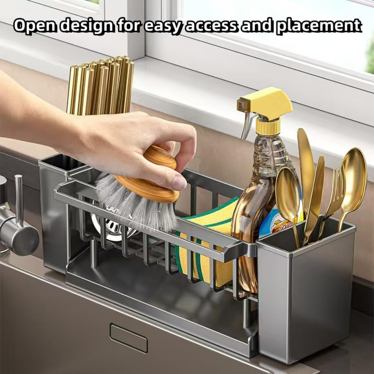 Sponge Holder for Kitchen Sink,Kitchen Sink Organizer,Sink Caddy,High-Strength ABS Material Dish Sponge Organizer with Water Tray,Dish Soap Holder Storage(Black) image number 3