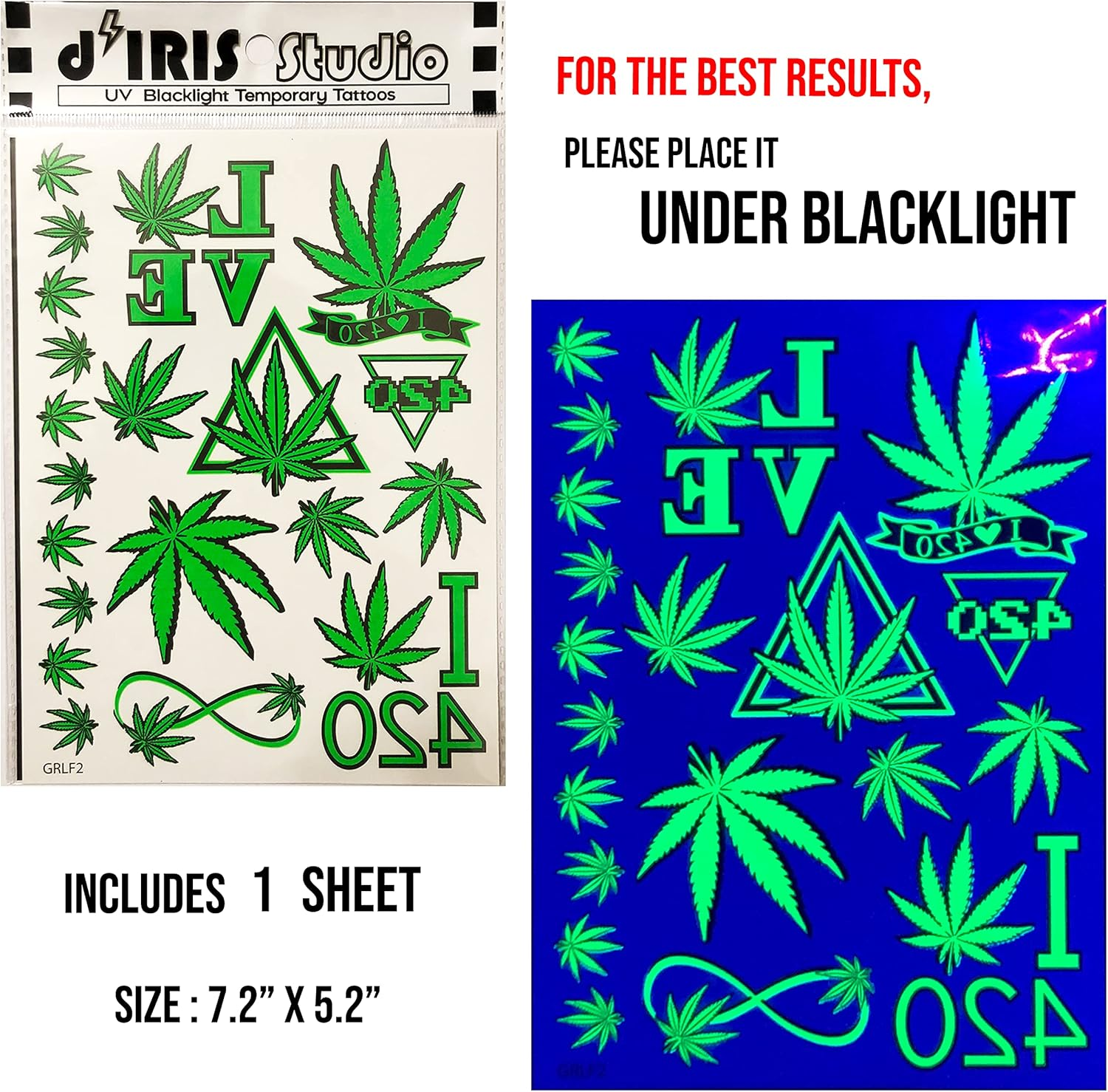 Temporary Blacklight Tattoos- Neon Green Weed 420 Leaf Design Body UV Blacklight Reactive Rave Festival Music EDC EDM Party Tattoo - Alien/Ufo image number 6