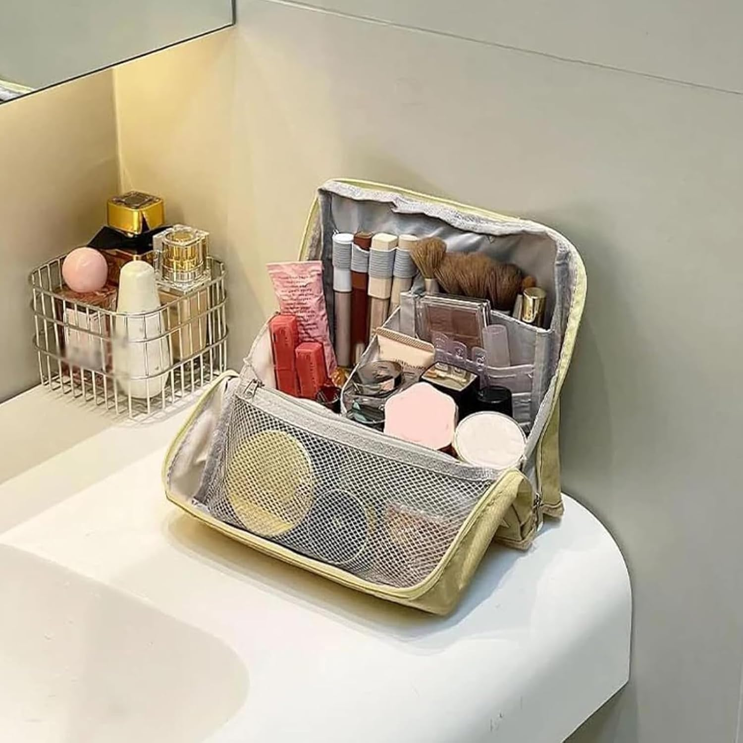 Doresty Makeup Bag, Multi-Purpose Large Capacity Oxford Cloth Standing Makeup Bag, Parallel Traveler Make-Up Bags Fold Down, Toiletry Bags with Compartments for Traveling Women(Beige) image number 6