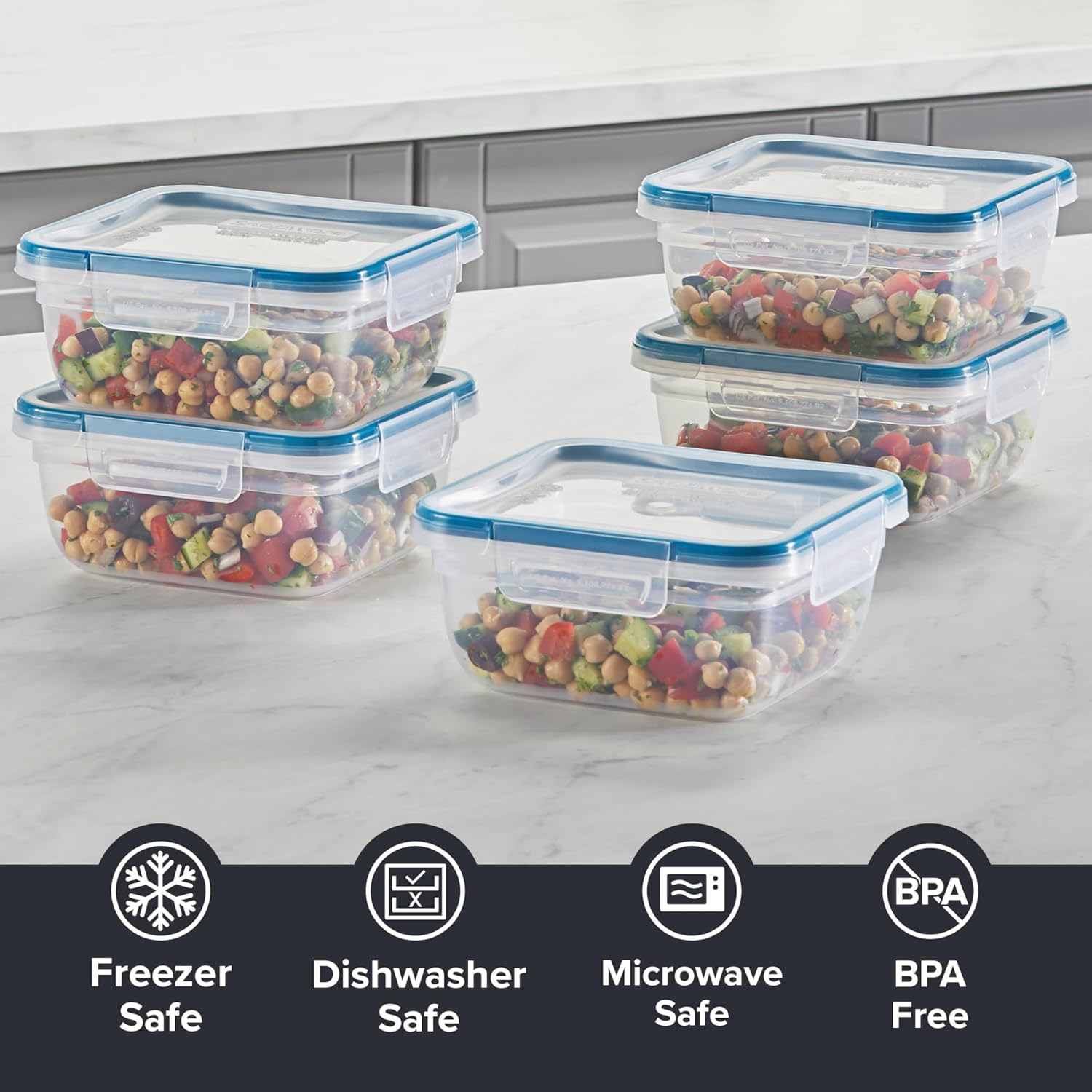 Snapware Total Solution 10 Piece Square Plastic Food Storage Container Set &ndash; 5 Containers with 5 Tab Locking Lids &ndash; Opaque, Microwave, Dishwasher and Freezer Safe, 1.3 Litre Capacity image number 5