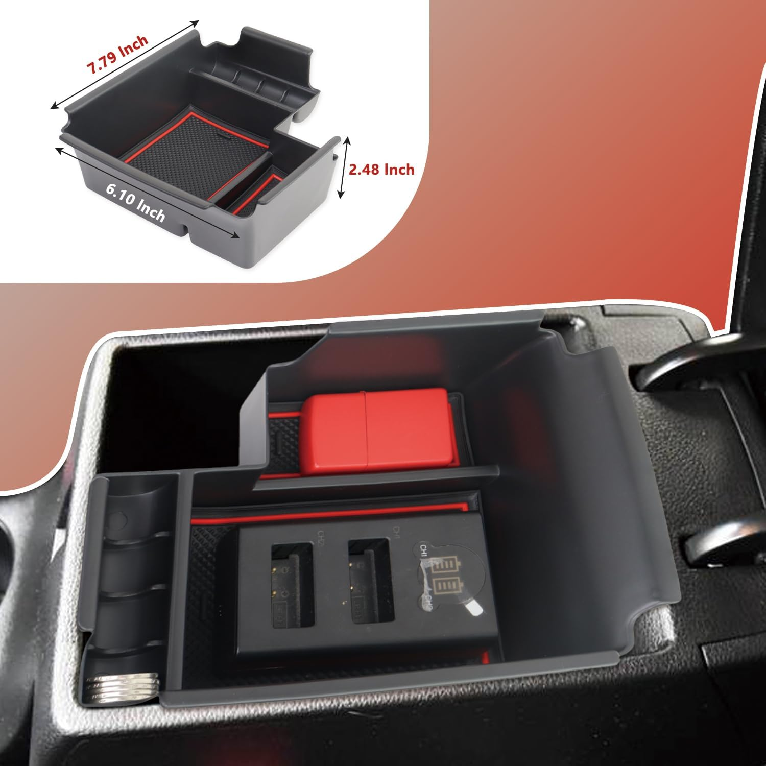 AFEISOL Center Console Organizer Tray Compatible with 2019-2024 Kia Forte GT/FE/EX/LX/LXS Interior Accessories, Insert Armsert Storage Box (Red) - Black image number 6