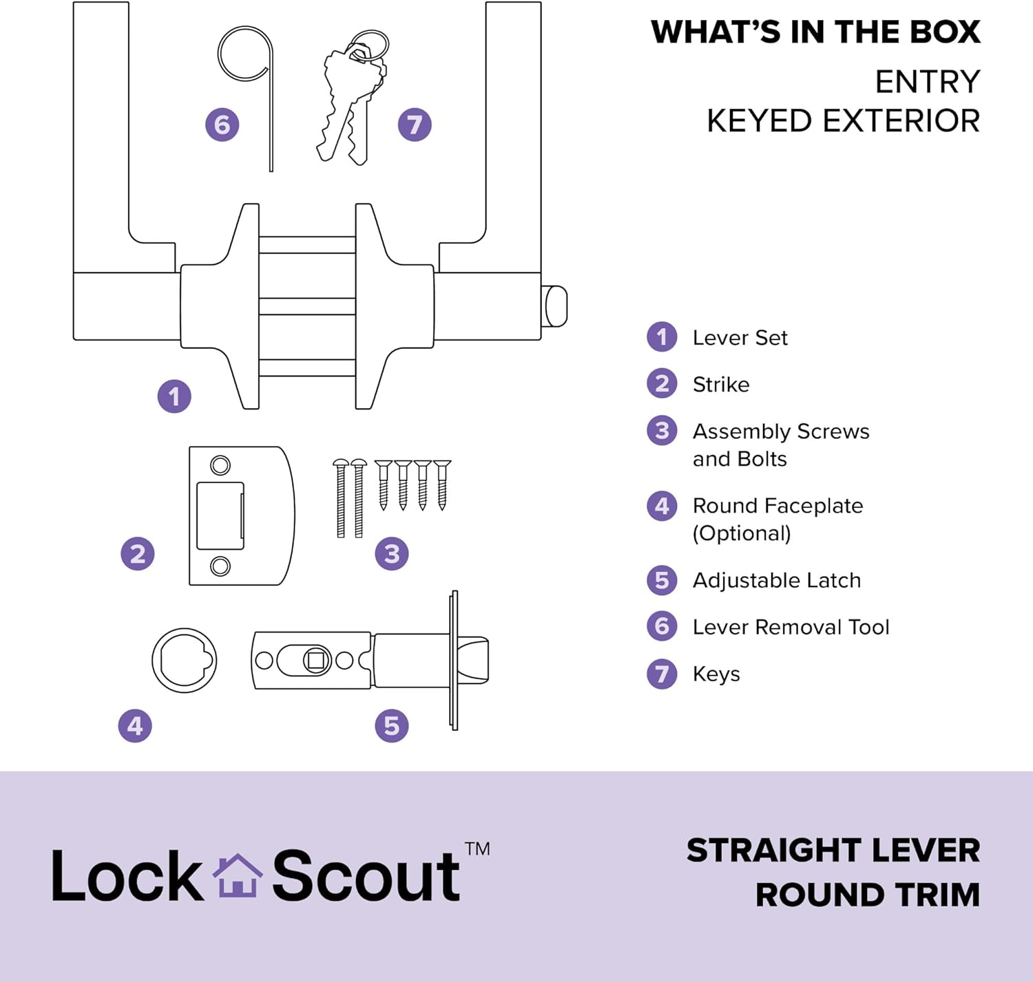 Lock Scout Straight Lever with round Trim Keyed Entry Door Handle and Single Cylinder Deadbolt, Satin Nickel Finish image number 5