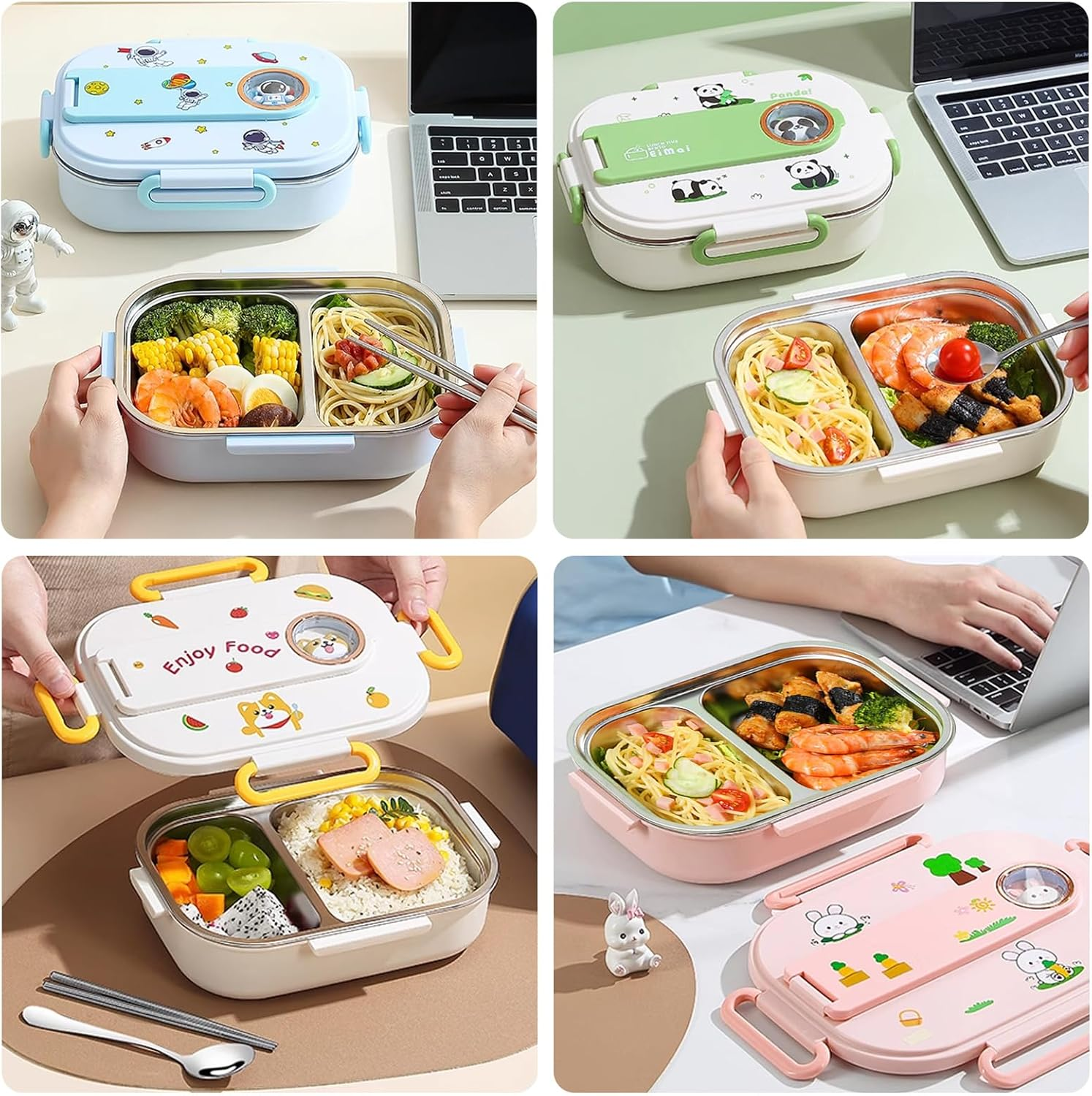 Lunch Box Cute Insulated Lunch Box Set - Thermal Bento Box Stainless Steel Microwave Safe Food Container with Cutlery - 6H Heat Retention (2-Grid-Panda) image number 2