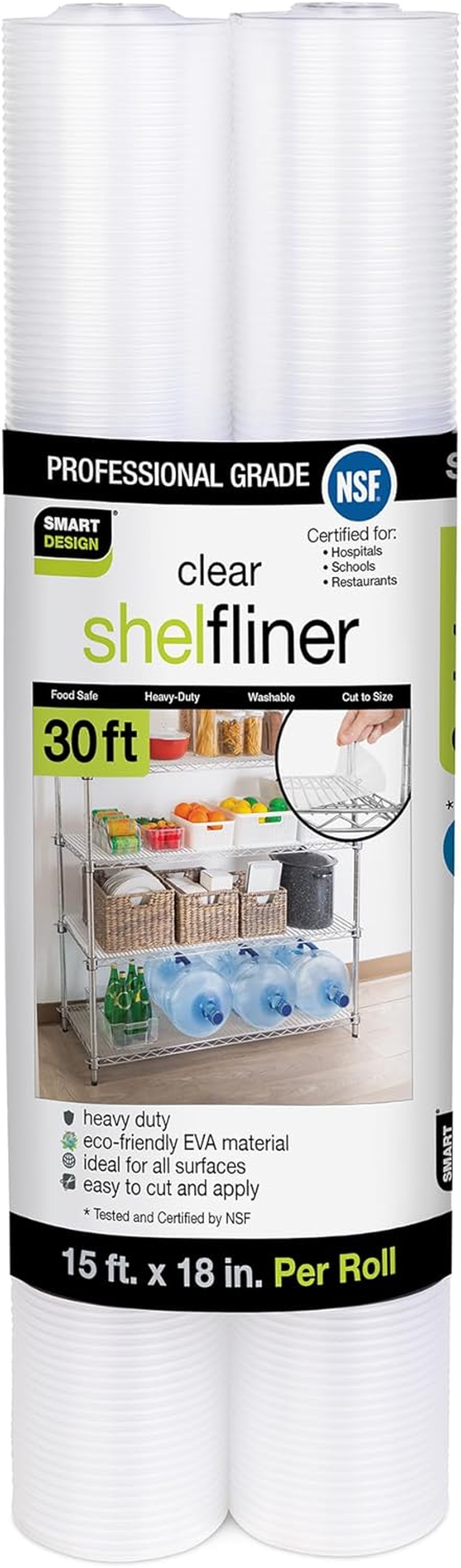 Smart Design Wire Shelf Liner Ribbed Grip - 18 Inch X 30 Feet Total (Set of 2 Rolls) - Metal Wire Shelving Non Adhesive Protection Garage Racks - NSF Certified - Kitchen - Clear image number 1