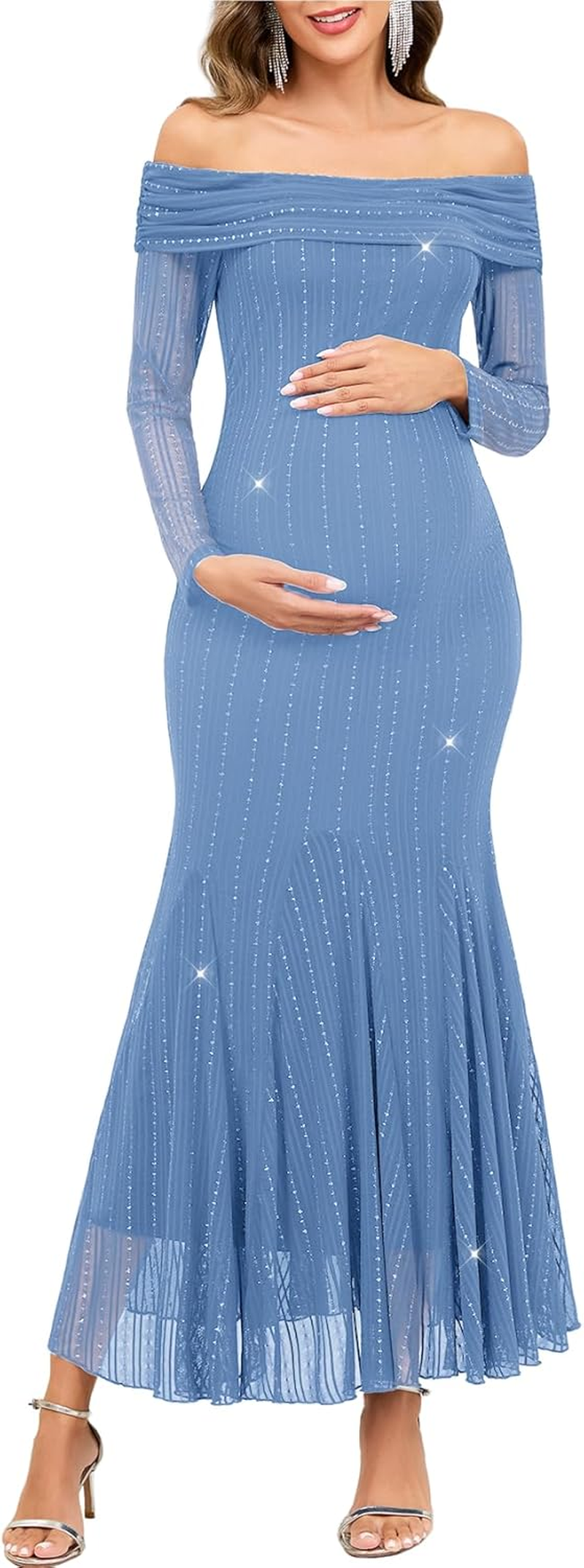 CYCLAMEN Sparkly Maternity Dress for Baby Shower off the Shoulder Long Sleeve Mermaid Pregnancy Gown with Flowy Tail Hem