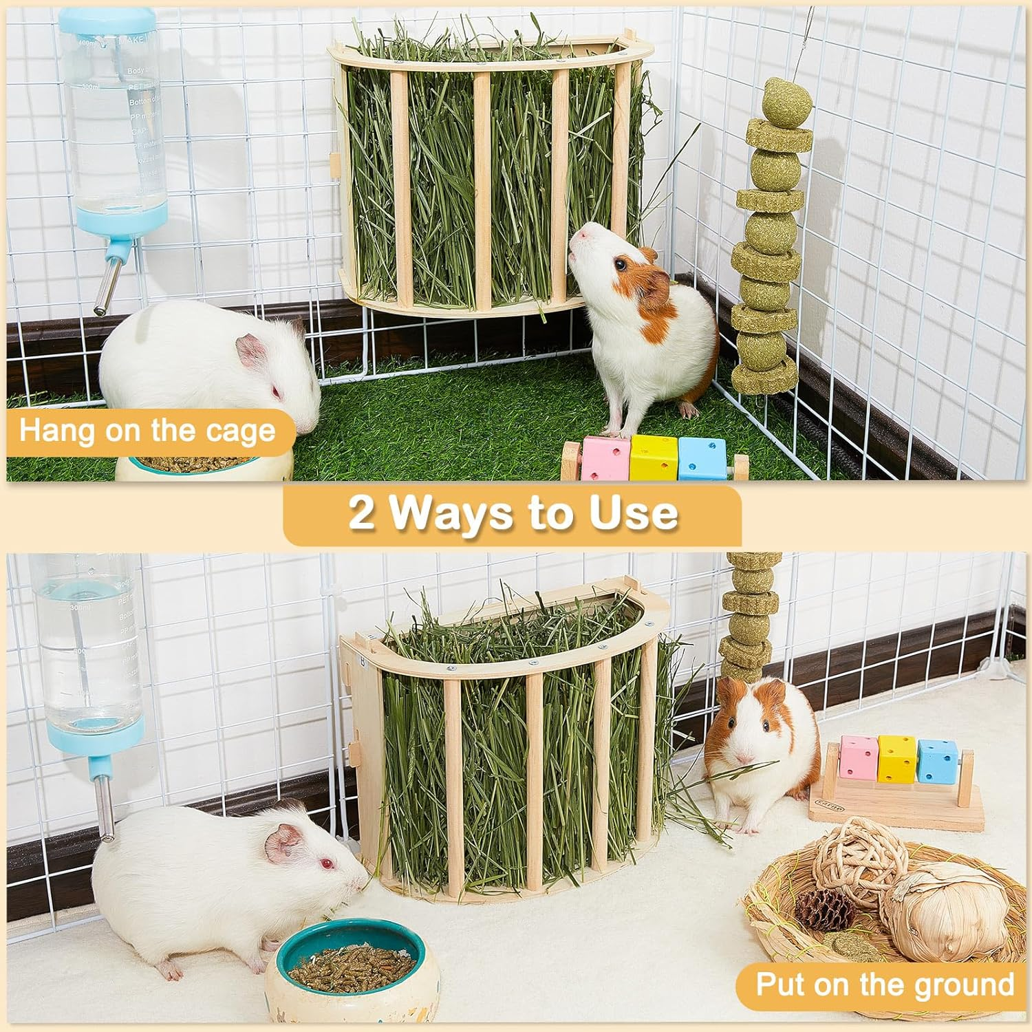 Guinea Pig Hay Feeder Wooden Rabbit Hay Feeder Big Volume Bunny Hay Holder Hanging Hay Rack with Instructions Guinea Pig Cages Accessories for Chinchilla and Ferret, Rabbit Cage Accessories image number 2