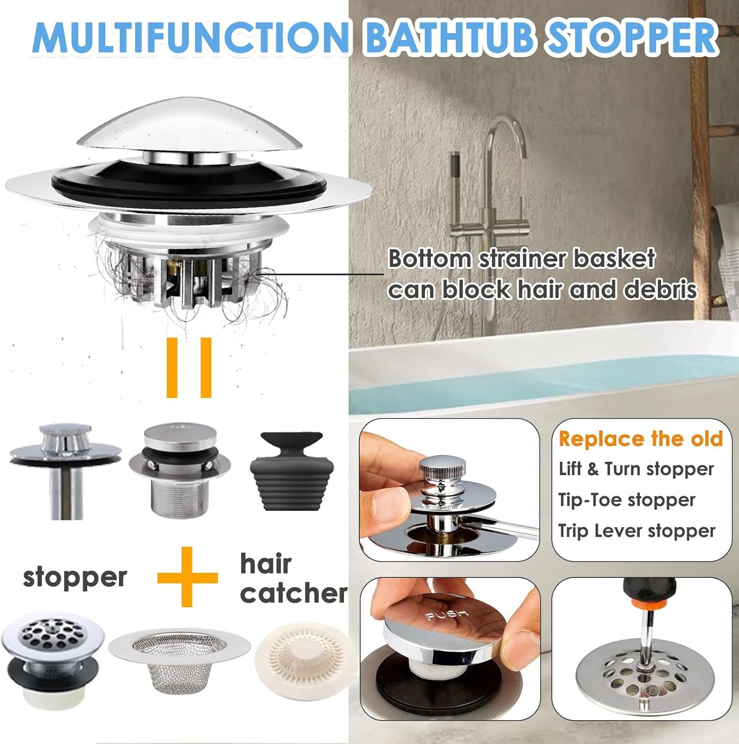 BAOLSLS Bathtub Drain Stopper, Pop up Tub Drain Hair Catcher, Bath Tub Drain Plug and Cover for 1.45-1.8In Drain Hole, Replaces Lift and Turn, Tip Toe or Trip Lever, Silver image number 5