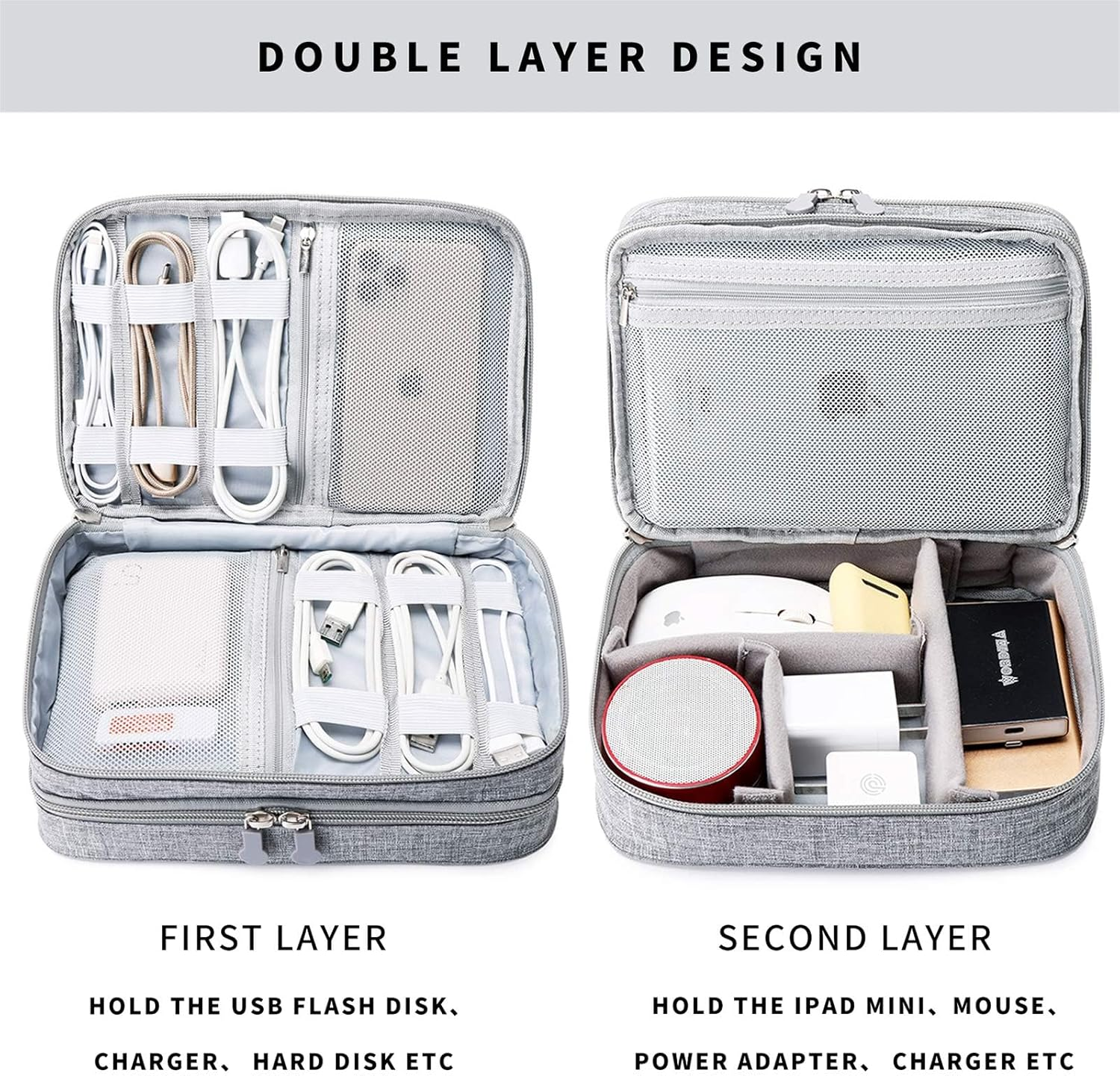 YOKONICO Electronics Organizer Bag &ndash; Double Layer Cord Organizer Travel, Waterproof Cable Organizer for Cords, Chargers, Earphones, USB, SD Cards,Tablet, Power Bank & Electronic Accessories - Soft Grey image number 4