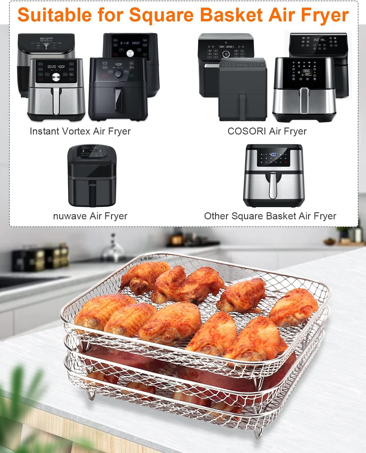 Air Fryer Rack for Instant Vortex COSORI NUWAVE Air Fryer Oven- 304 Stainless Steel Three Stackable Dehydrator Rack Toast Rack Stand Accessories image number 2