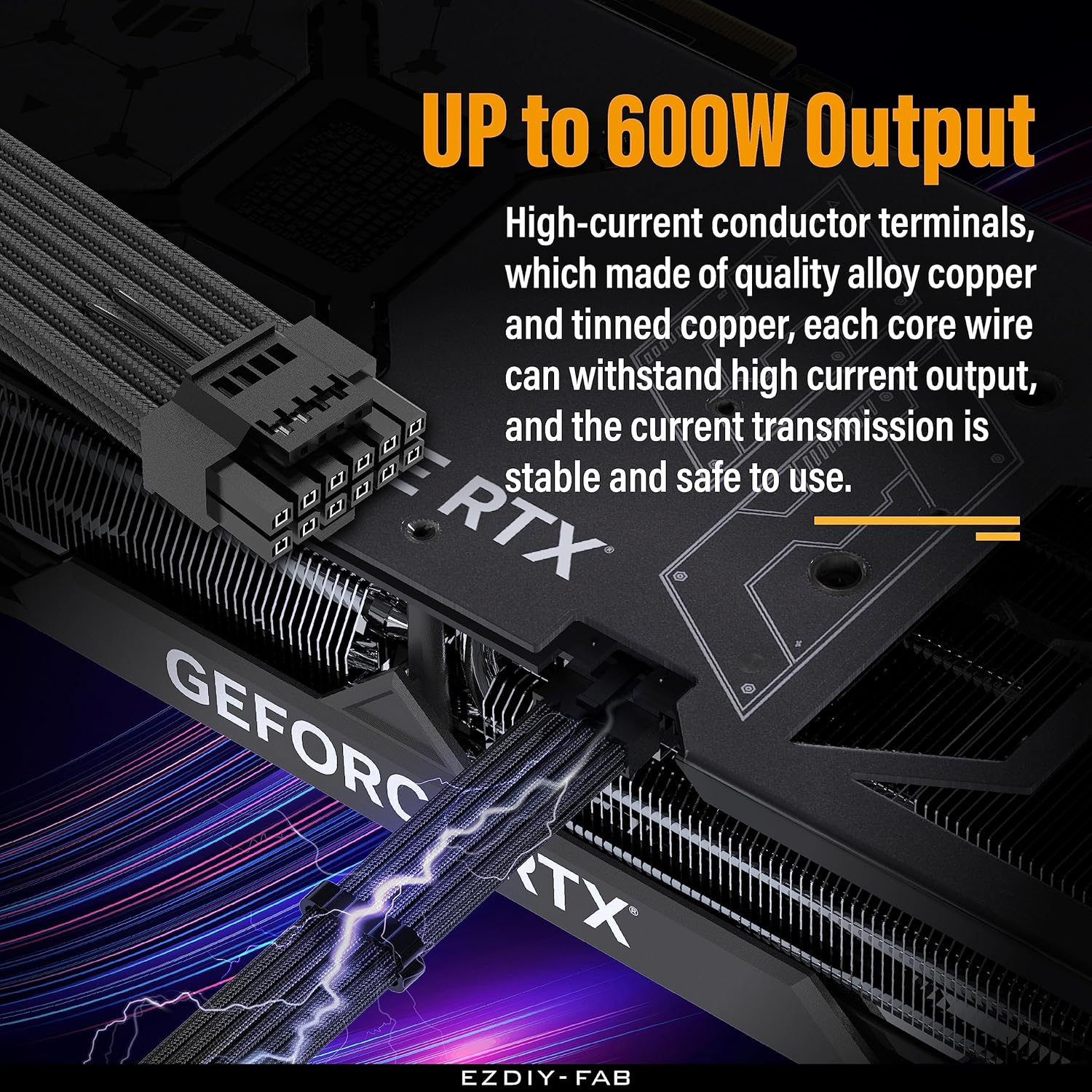 EZDIY-FAB GPU Power Sleeved Cable Extension, 16Pin(12+4) 12VHPWR Pcie 5.0 Connector Male to Female for RTX 5080, 5070, 4090, 4080, 4070, with Cable Combs-16Awg/Black - Black image number 5