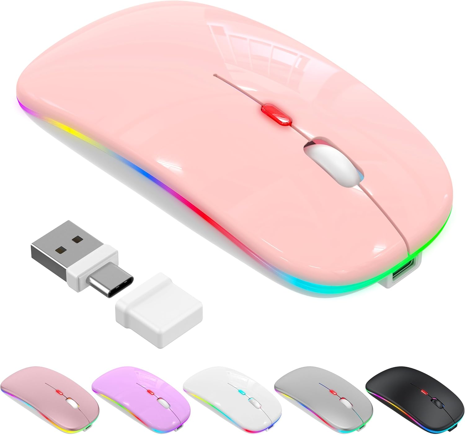 LED Bluetooth Wireless Mouse for Macbook Air Mac Pro Laptop Ipad &ndash;Rechargeable Silent Light-Up Optical Mouse with Jiggler Dual Mode BT5.2 & USB-A/USB-C for Students, Kids, Girls, Boys (White)