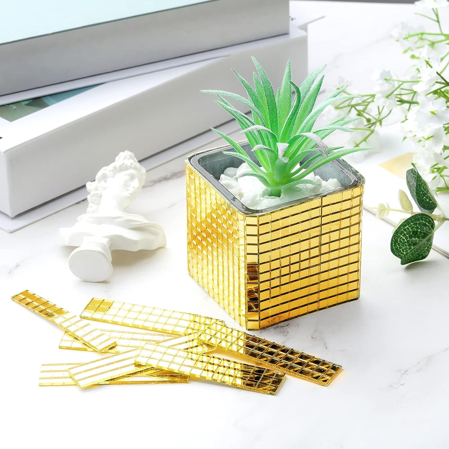 Geiserailie 3600 Gold Disco Ball Mirror Tiles, Self-Adhesive Real Glass Mosaic Tiles, DIY Craft & Decoration, Peel & Stick, Modern Style, 15 X 10 Cm / 5.9 X 3.9 Inch, 0.2 Inch Thick, 3600 Pieces image number 4