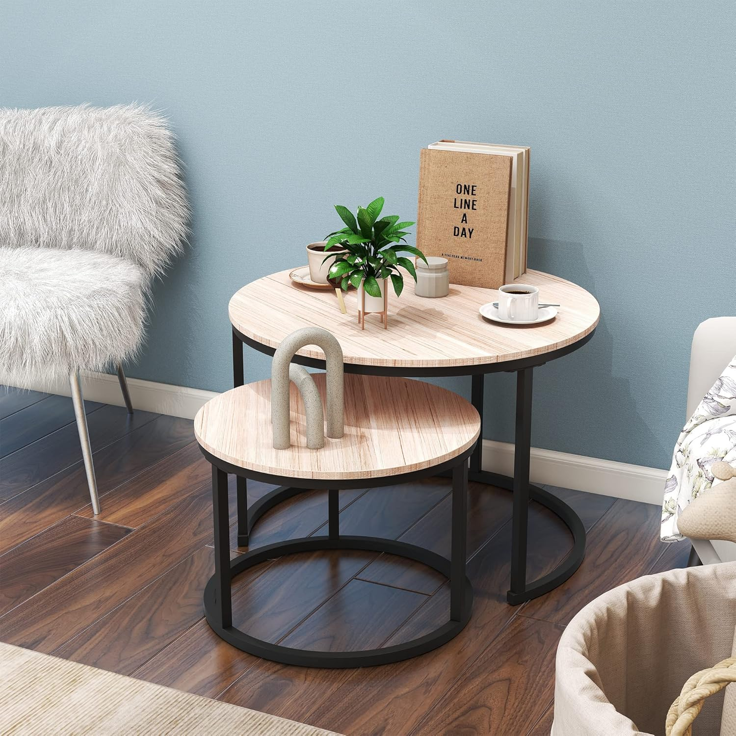 VERFARM round Nesting Coffee Table Modern Furniture Nesting Side Set of 2 Stacking Side Tea Table End Table for Living Room Balcony Office with Sturdy Metal Frame, Easy Assembly