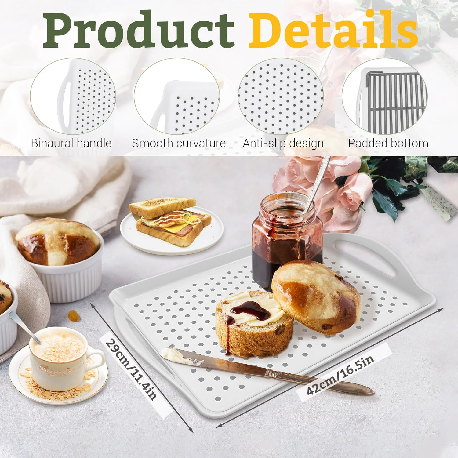 Chihutown 3PCS Non Slip Food Serving Tray with Handles, 16.5/ X11.4/ White Platters for Serving Food, Rectangle Food Service Tray, Food Trays for Party Kitchen (White) LTZ001