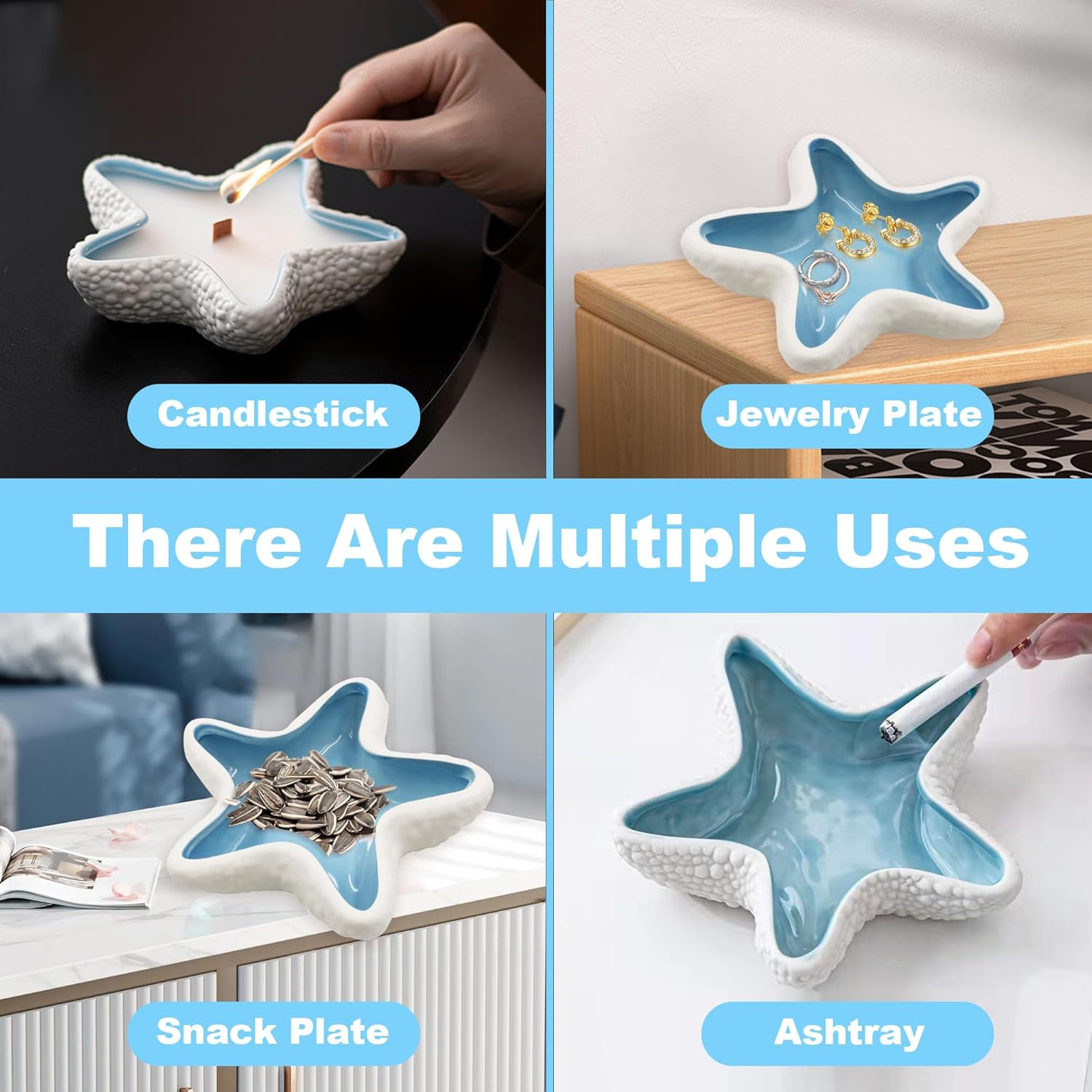 Ceramic Seashell Jewelry Dish Tray, Small Shell Trinket Dish, YITOBA Jewelry Holder Dish Plate for Rings Earring, Aesthetic Decorative Key Bowl, Ocean Beach Blue Coastal Room Decor (Blue) image number 1