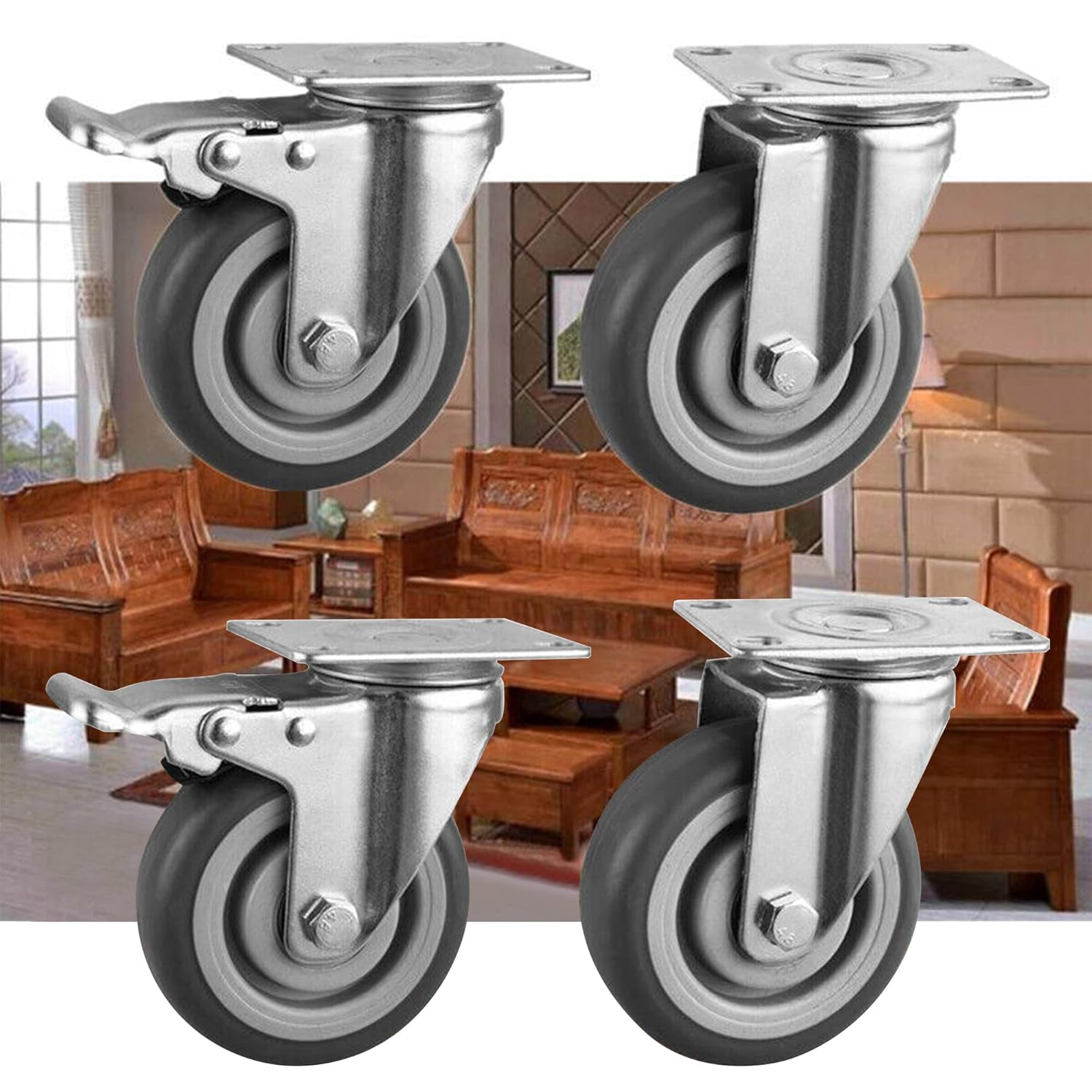 Lehom 4 Inch Swivel Rubber Caster Wheels Heavy Duty Castors with 360 Degree Rubber Base Top Plate Set of 4 (2 with Brakes & 2 Without), Grey