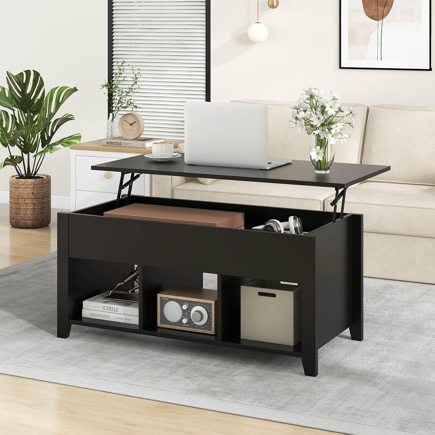 Giantex Lift up Coffee Table, Rising Center Table with Lift Top, Hidden Compartment & 3 Cubes, Modern Dining Accent Table Furniture for Living Room & Reception Room, Black image number 1