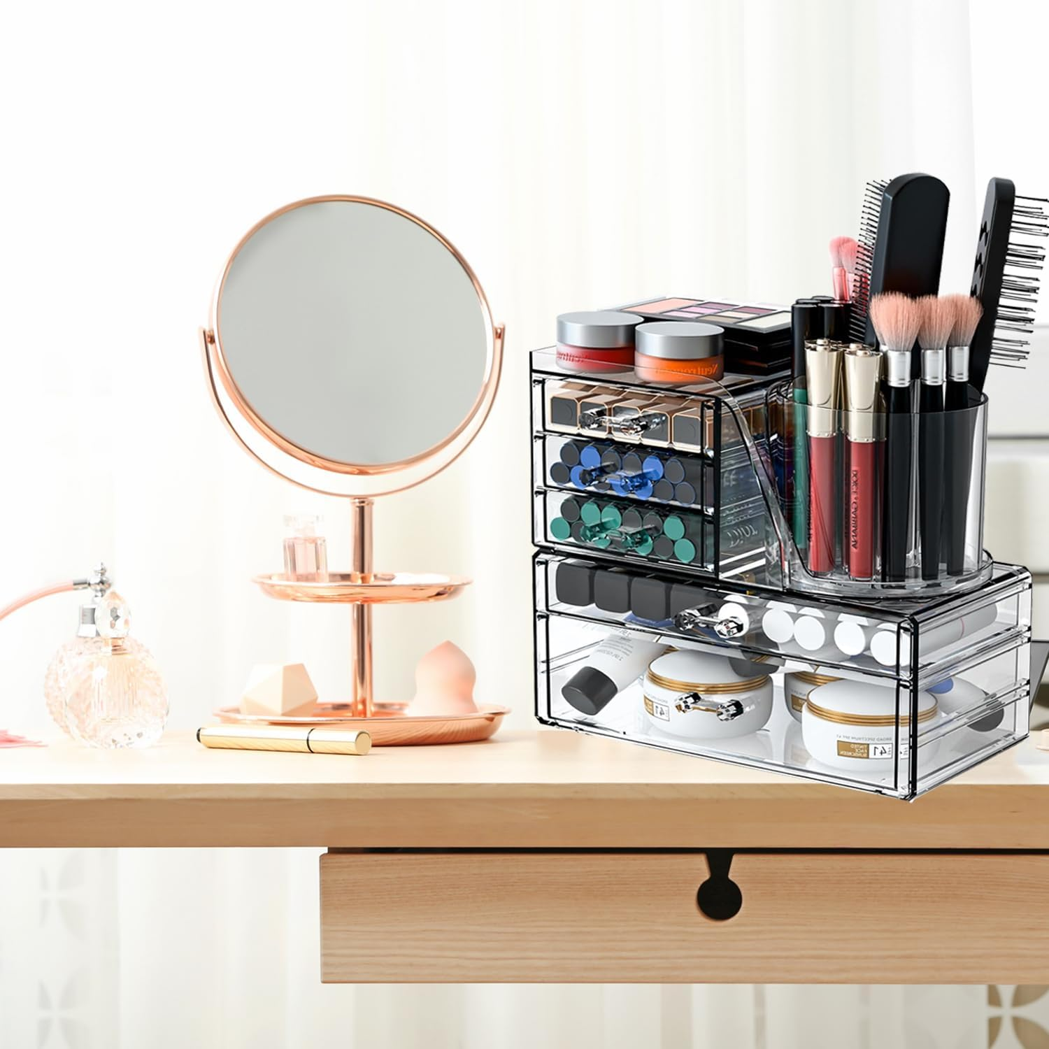 2-In-1 Acrylic Cosmetic Organiser with Rotating Brush Holder &ndash; Makeup Storage Box with Drawers for Vanity, Bathroom, or Dorm, Skincare & Beauty Supplies Holder image number 2
