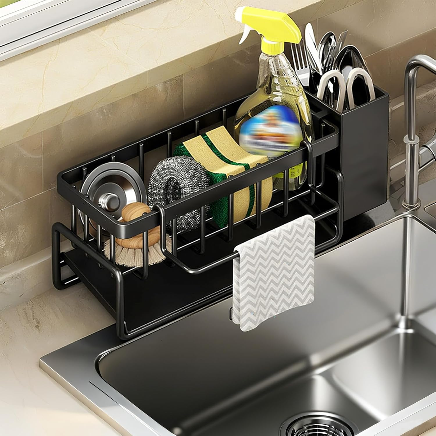 Merrynine Kitchen Sink Caddy Organizer with Brush Holder, Rustproof Stainless Steel Sponge Holder for Kitchen Sink with Self Draining Tray, Dish Soap Scrubber Brush Dishcloth Holder, Black image number 2