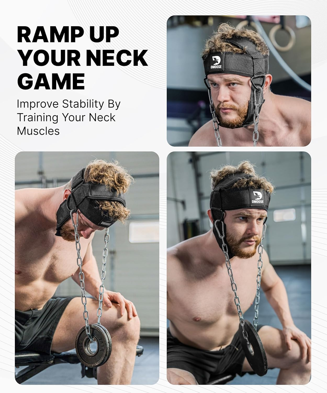Dmoose Fitness Neck Harness for Weight Lifting - Adjustable Head & Chin Strap with 30" Heavy Duty Steel Chain - Neck Exerciser, Trainer & Strengthener to Support Injury Recovery & Intense Workouts - Gray image number 2