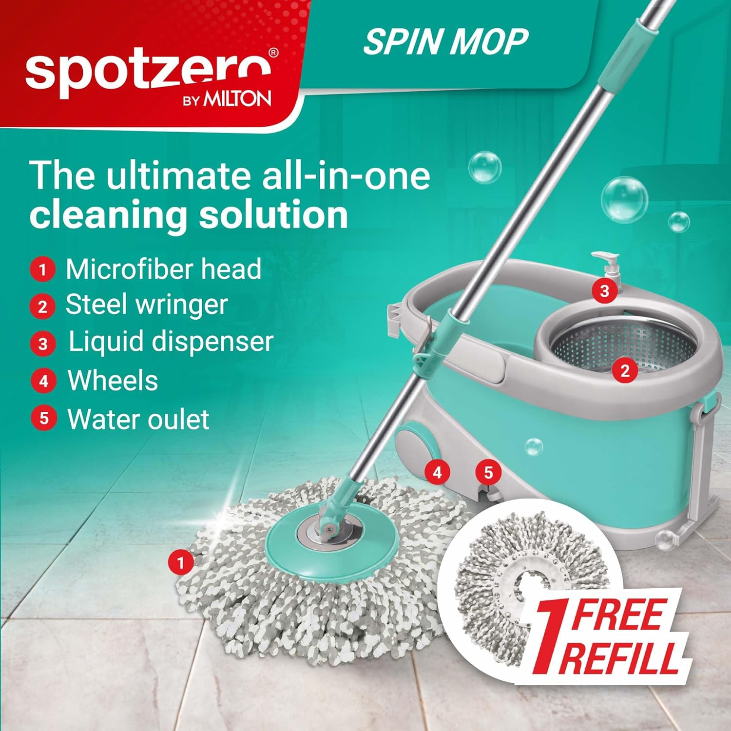 Spotzero by Milton Prime Spin Mop Bucket on Wheels, Extendable Handle | Liquid Dispenser| SS Wringer Set | 360 Spinning Mop Bucket Floor Cleaning & Mopping System with 2 Microfiber Refills, Aqua Green image number 2