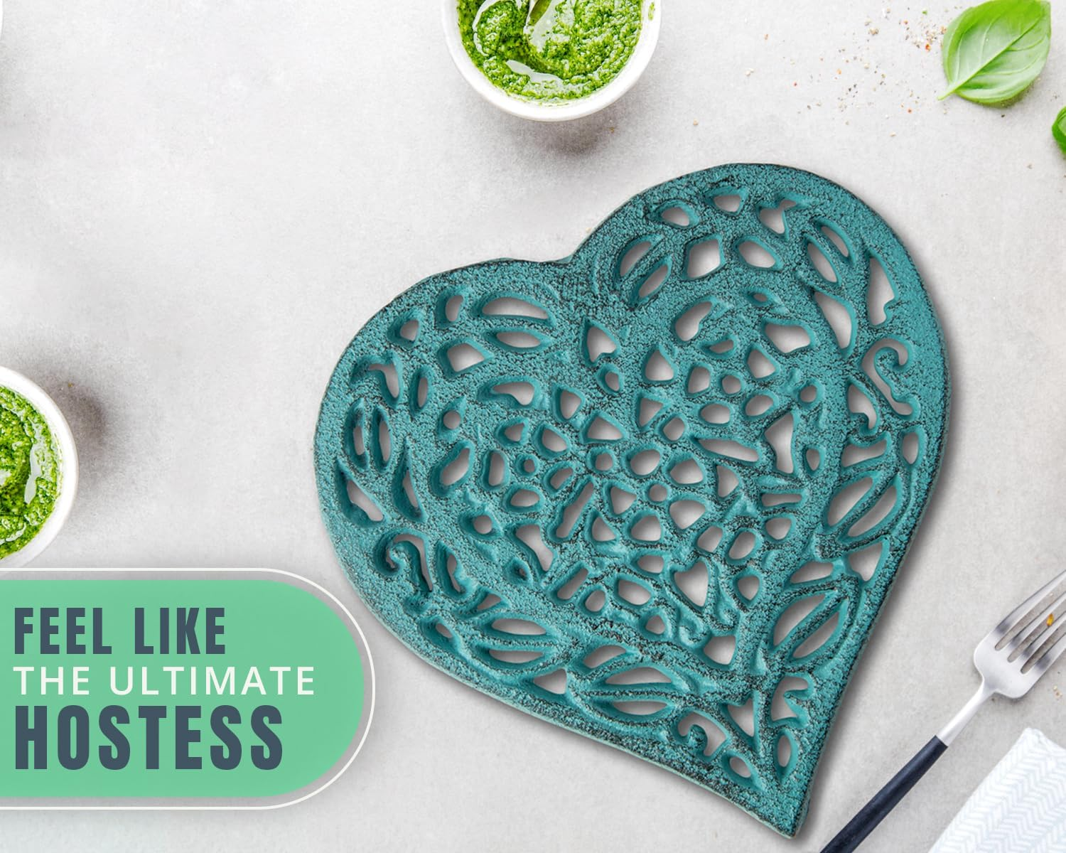 Cast Iron Heart Trivet - Decorative Cast Iron Trivet for Kitchen or Dining Table - Vintage, Rusted Design - 6.75X6.5" - with Rubber Pegs/Feet - Recycled Metal - Blue