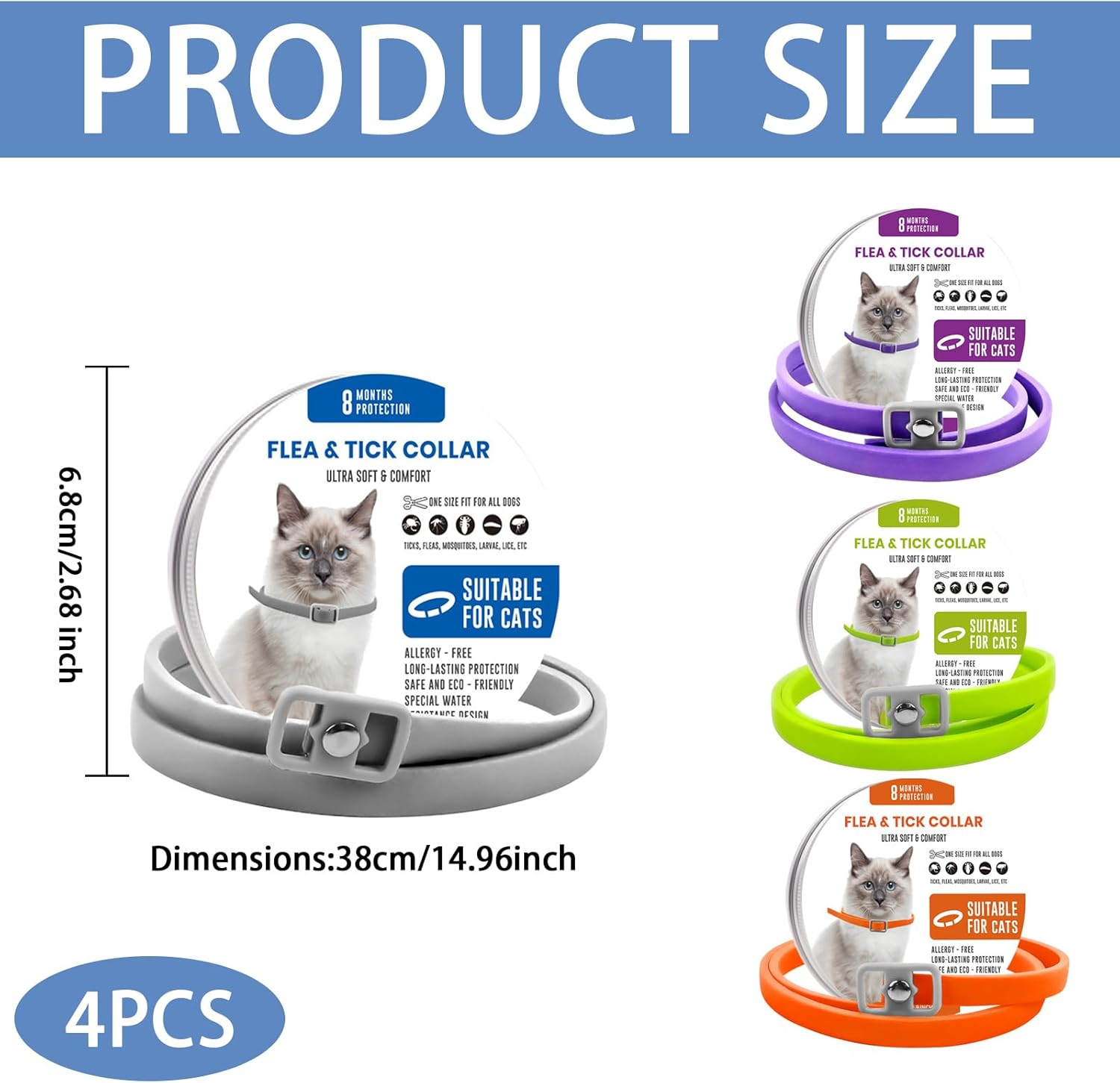 4Pcs Flea Treatment Collar for Cats, Effectively Prevent Flea and Tick Adjustable Silicone Suitable for All Cats, Waterproof and Safe image number 6