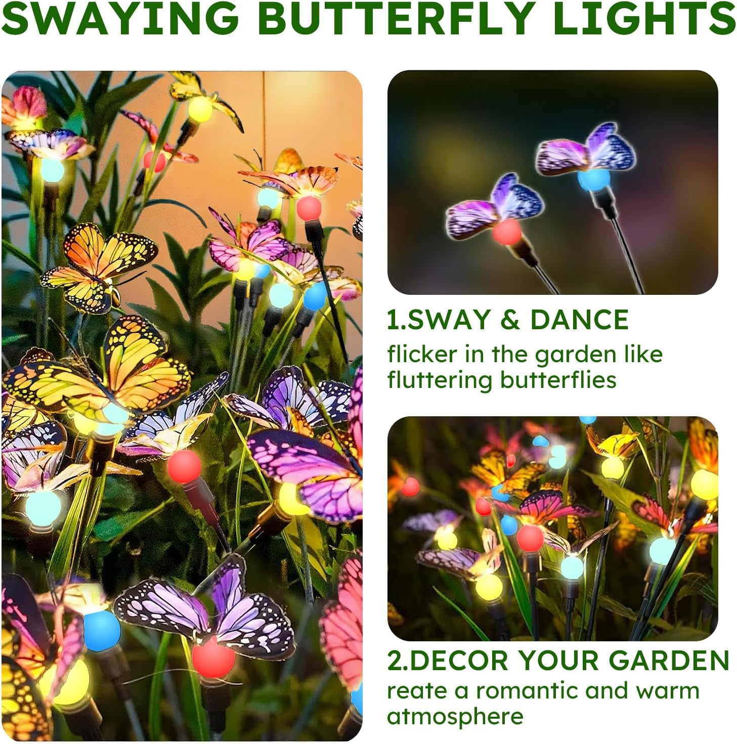 Solar Garden Lights 2 Pack, Waterproof 4 Color Changing Solar Lights Outdoor,16 Big Butterflies Solar Swaying Lights, Swaying Butterfly Lights for Patio Pathway Outdoor Decor image number 5