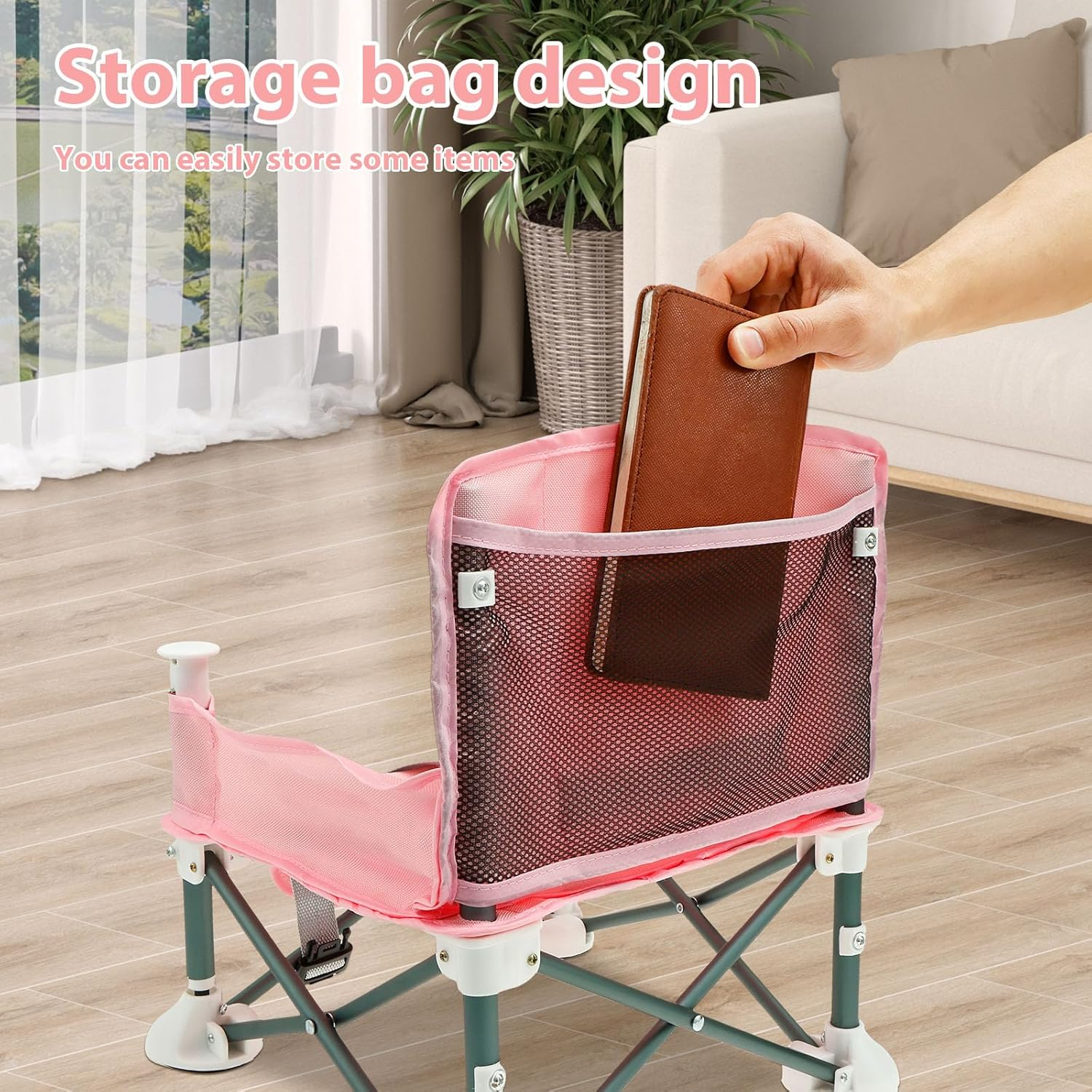 Baby Booster Seat Highchair, Portable Toddler Booster Seat High Chair with Child Safety Belt and Rear Storage Pocket Foldable Baby Floor Seat with Removable Feeding Tray for Indoor and Outdoor Use (Pink) - Grey image number 3