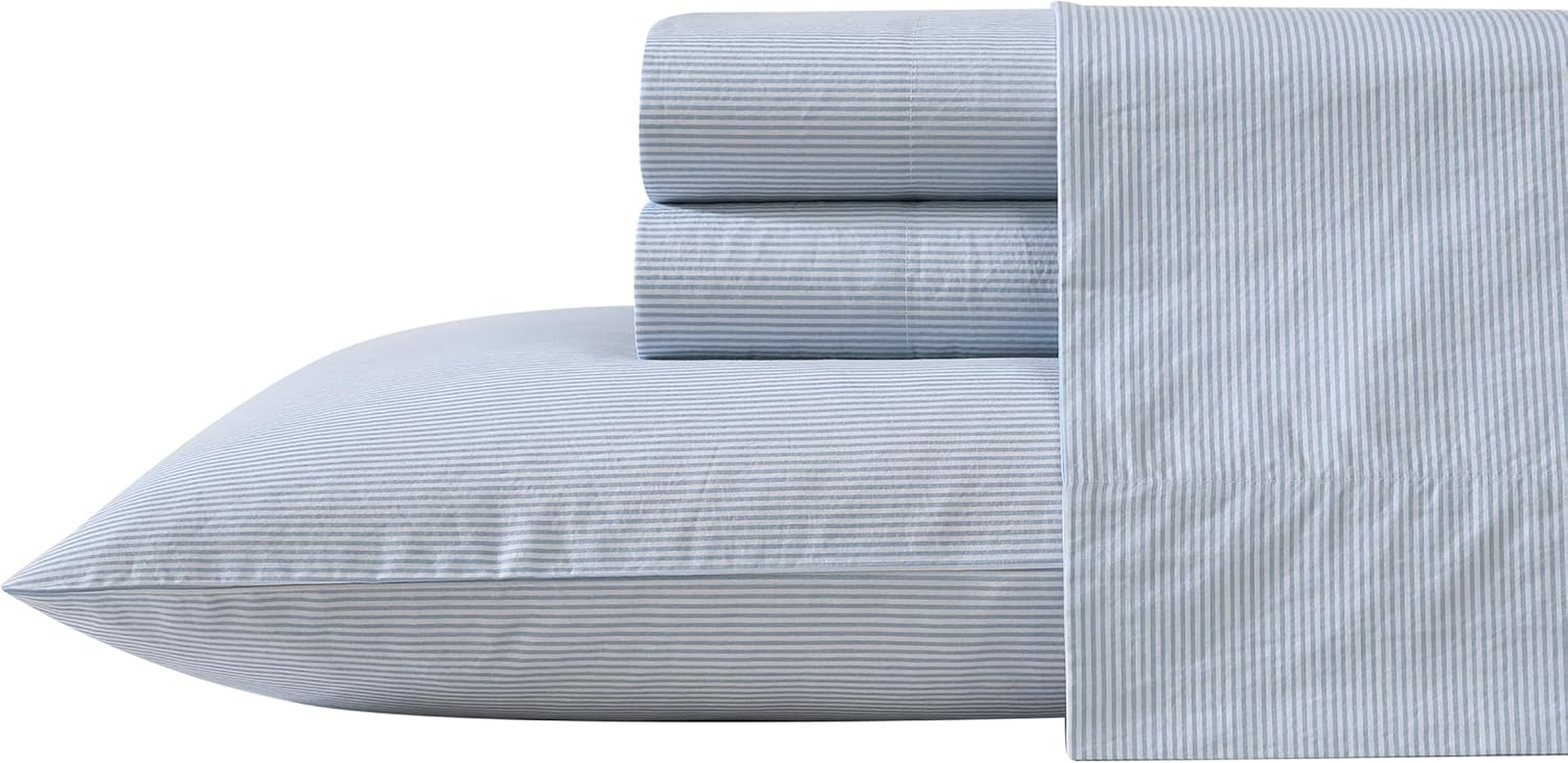 Nautica - Queen Sheet Set, Cotton Percale Bedding Set, Crisp & Cool, Lightweight & Breathable (Penny Pinstripe White, Queen)