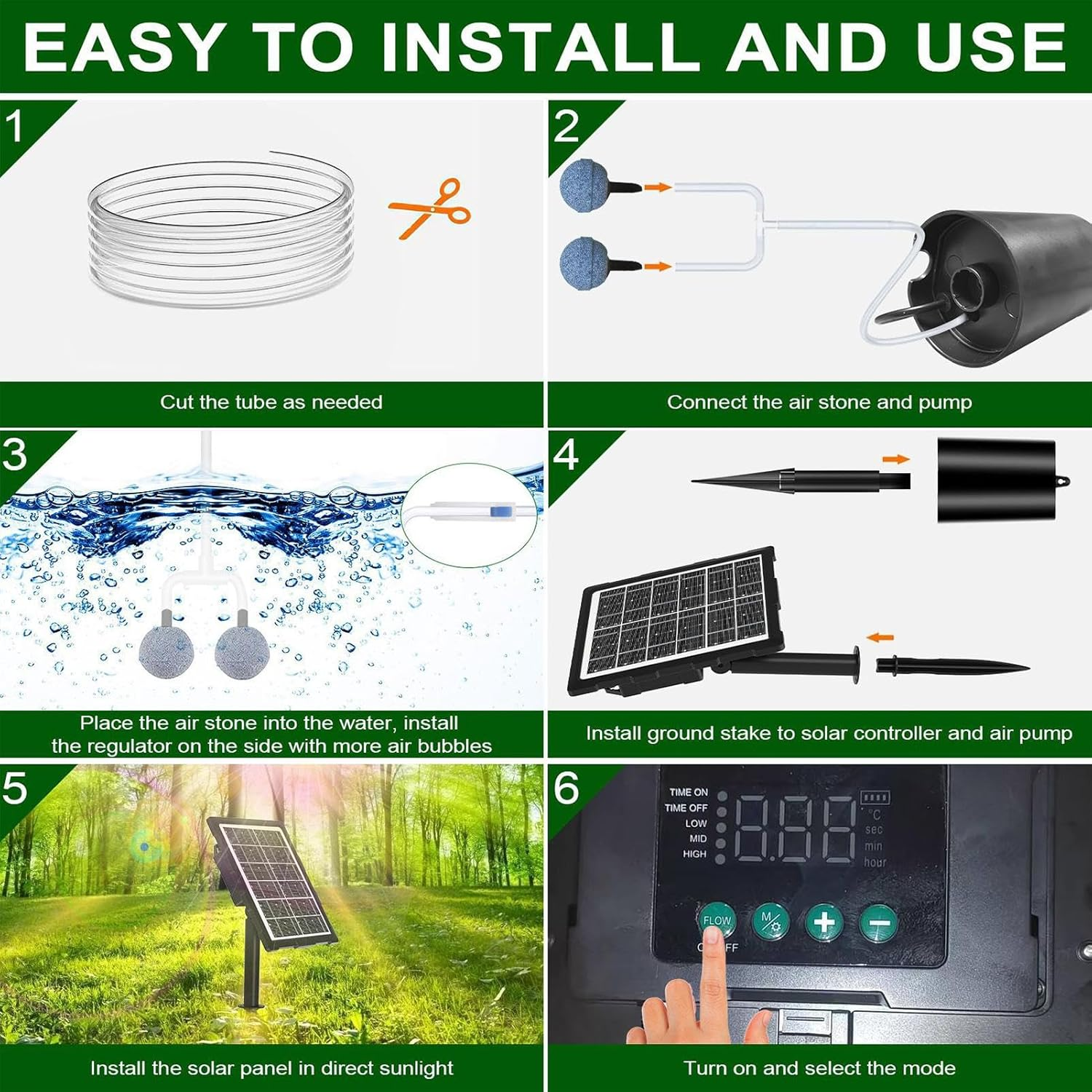 Solar Powered Pond Aerator, Solar Pond Oxygenator, 3 Working Modes, Waterproof Oxygenator with Pipe and Air Bubble Stone for Aquarium Fish Tank image number 2