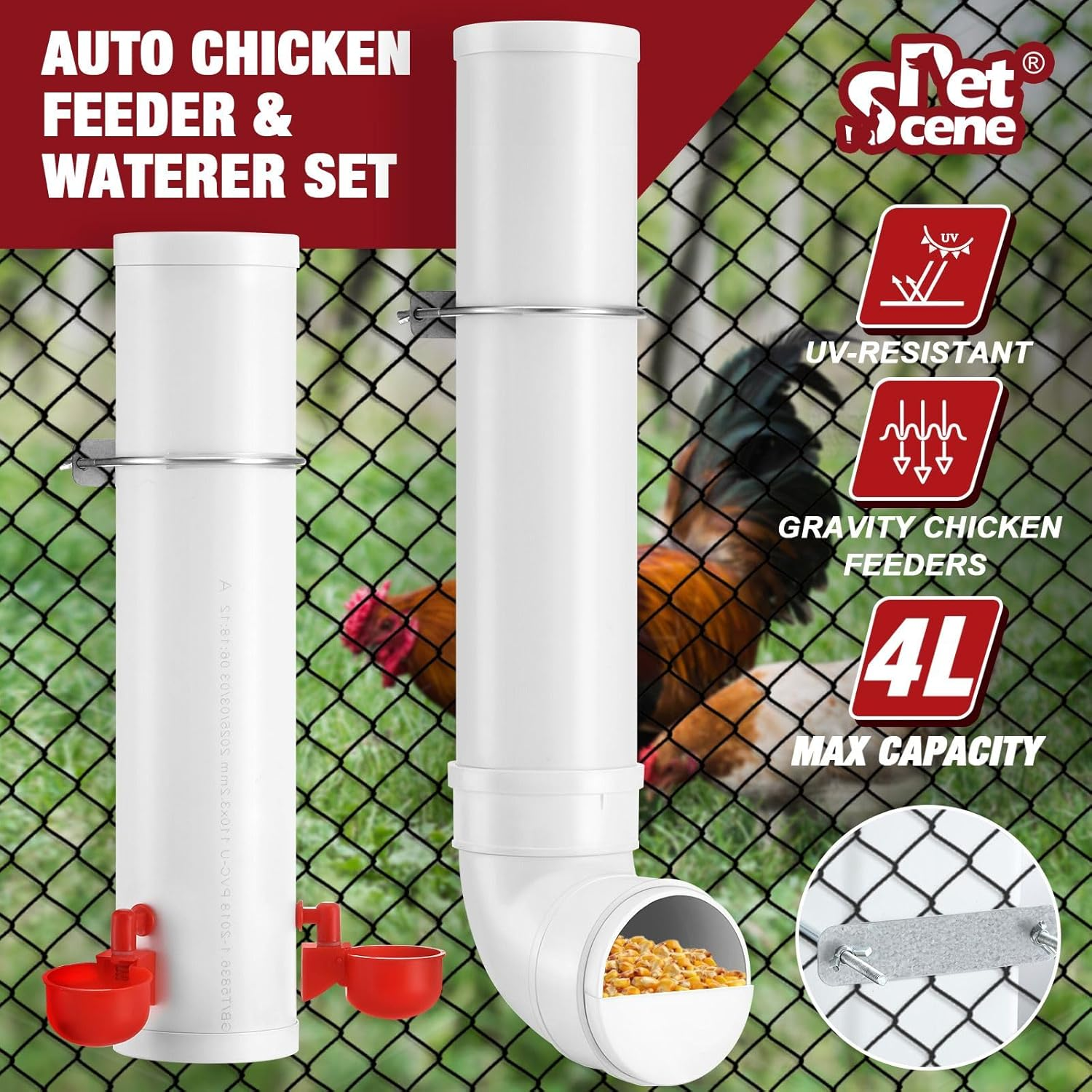 Pet Scene 4L Chicken Feeder Water Set Dispenser Automatic Waterer Poultry Food Drinker Auto Chick Chook Duck Hen Feeding Drinking Cup Bowl PVC Pipe Coop Fence image number 2