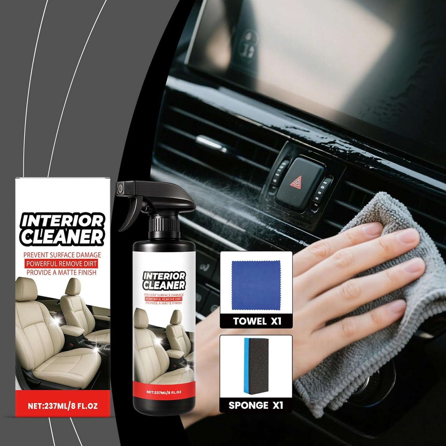 JIEBWCHA Leather Cleaner,Car Steering Wheel Cleaner with Cloth and Sponge | 237Ml Automotive Cleaning Detailing Spray for Steering Wheel Trim Door Leather Seat Dashboard image number 6