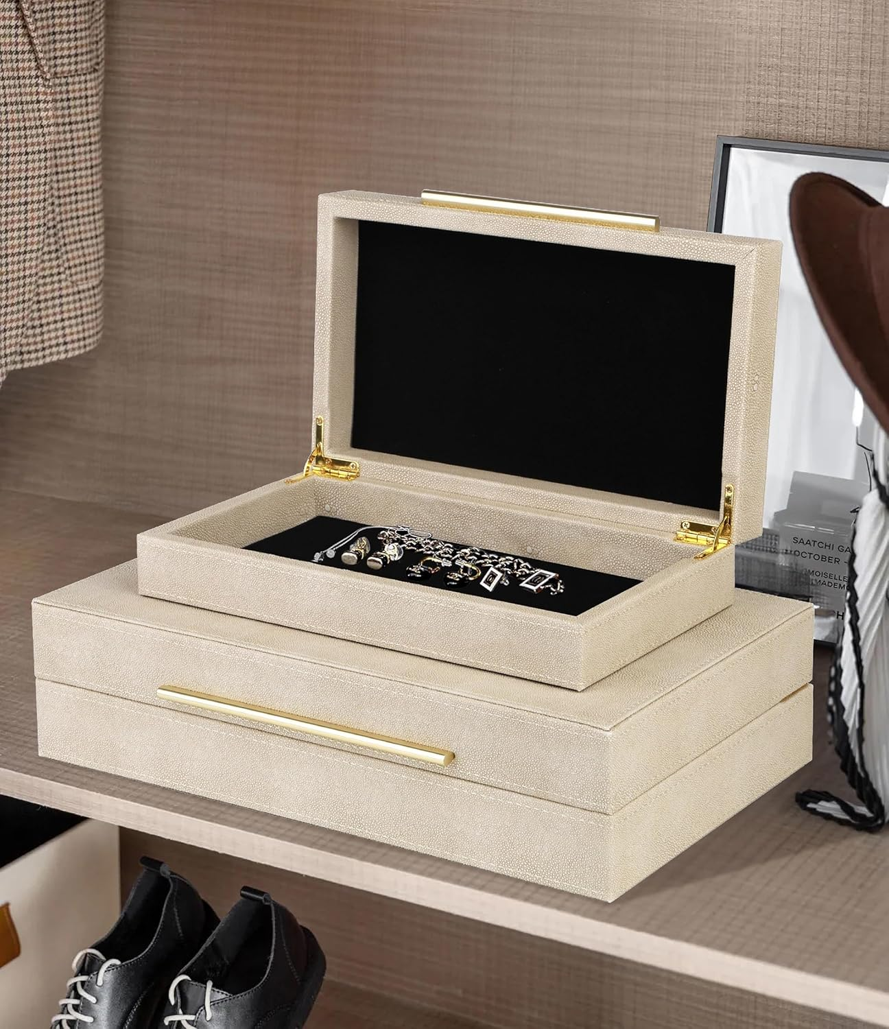 Hofferruffer Faux Leather Decorative Boxes Set of 2, Large Nesting Keepsake Box Accessory Organizer Jewelry Organizer with Hinged Lid, Stacking Storage Box Container for Home or Office (Light Grey) image number 6