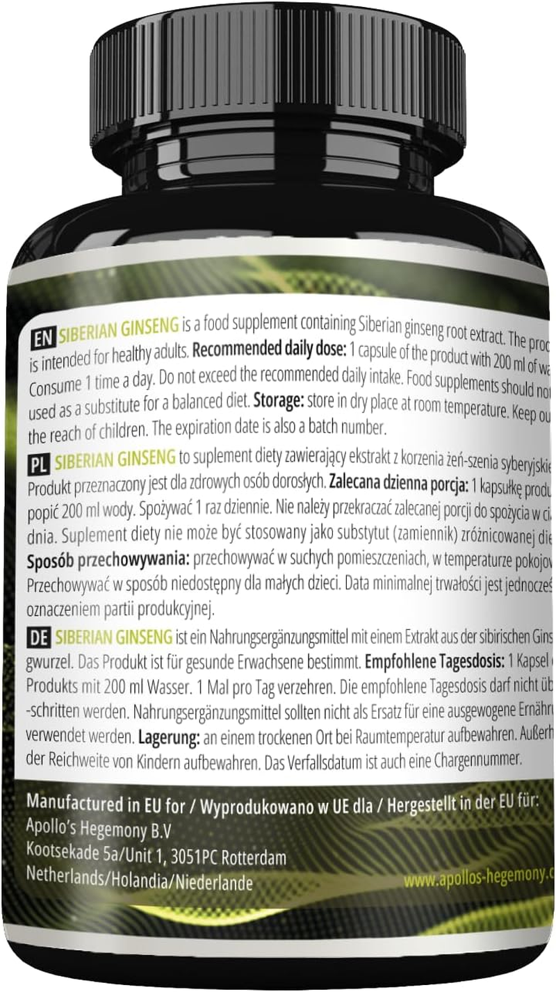 Siberian Ginseng 500 Mg - 120 Vegan Capsules - 4 Month Extract Standarized to 0,8% Eleutherosides B + E - Dietary Supplement by Apollo'S Hegemony image number 4