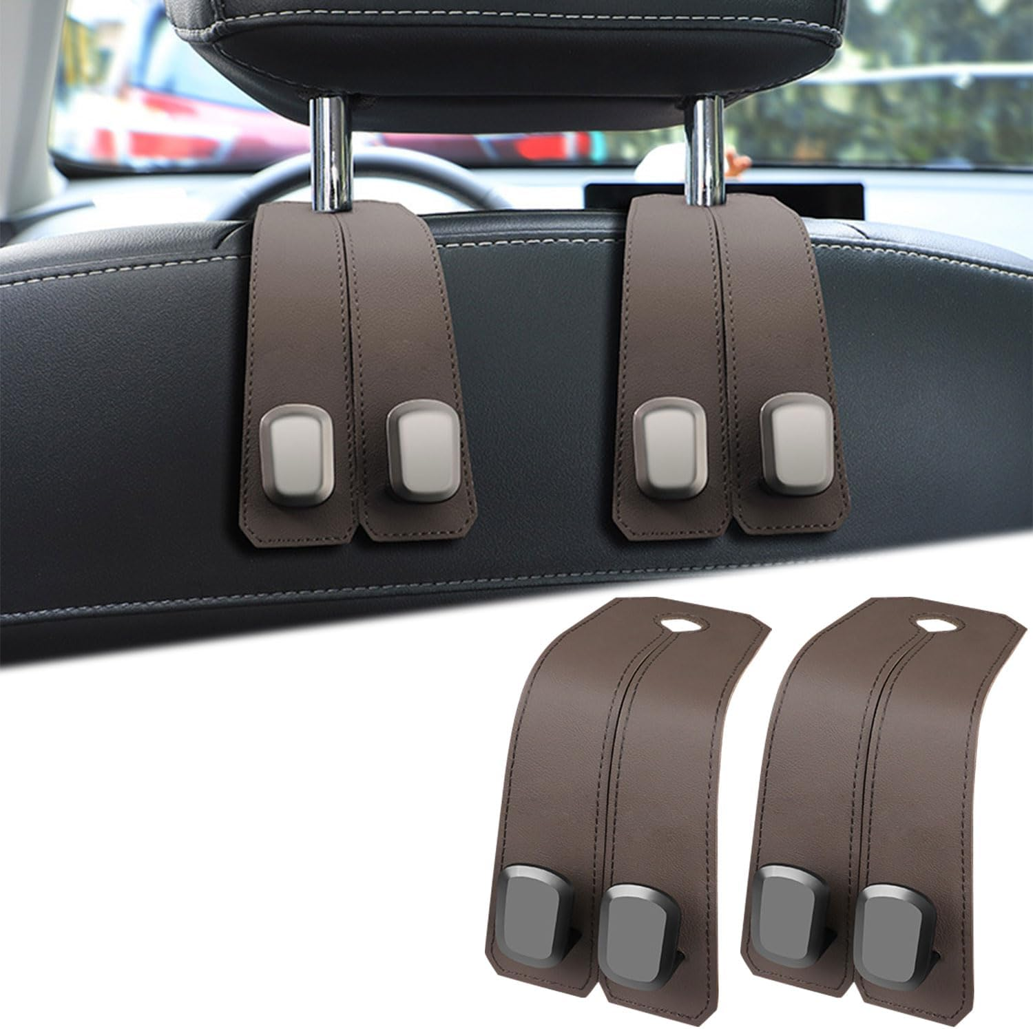 Elegananccy 2 Pack Double Car Seat Headrest Hooks, Leather Car Purse Hanger Holder for Bags, Cars Organizer and Storage Accessories for Women(Black)