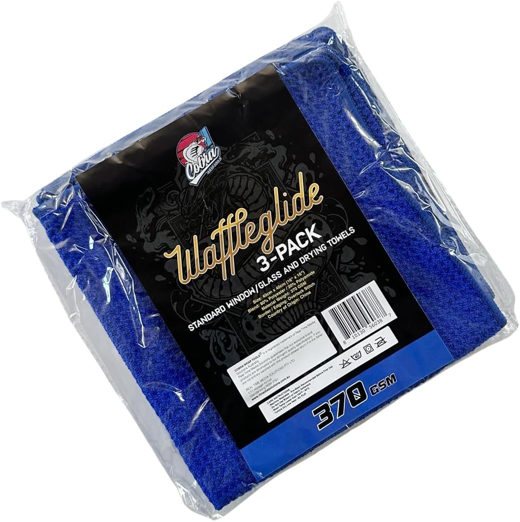 Cobra WRAP TOOLS Waffleglide Standard Window Drying Towels - 370 GSM - Fast Drying & Lint Free - Super Absorbent Polyester Cloths for Cleaning Windows, Mirrors & Glass Surfaces | (40X40 Cm, 3 Pcs)