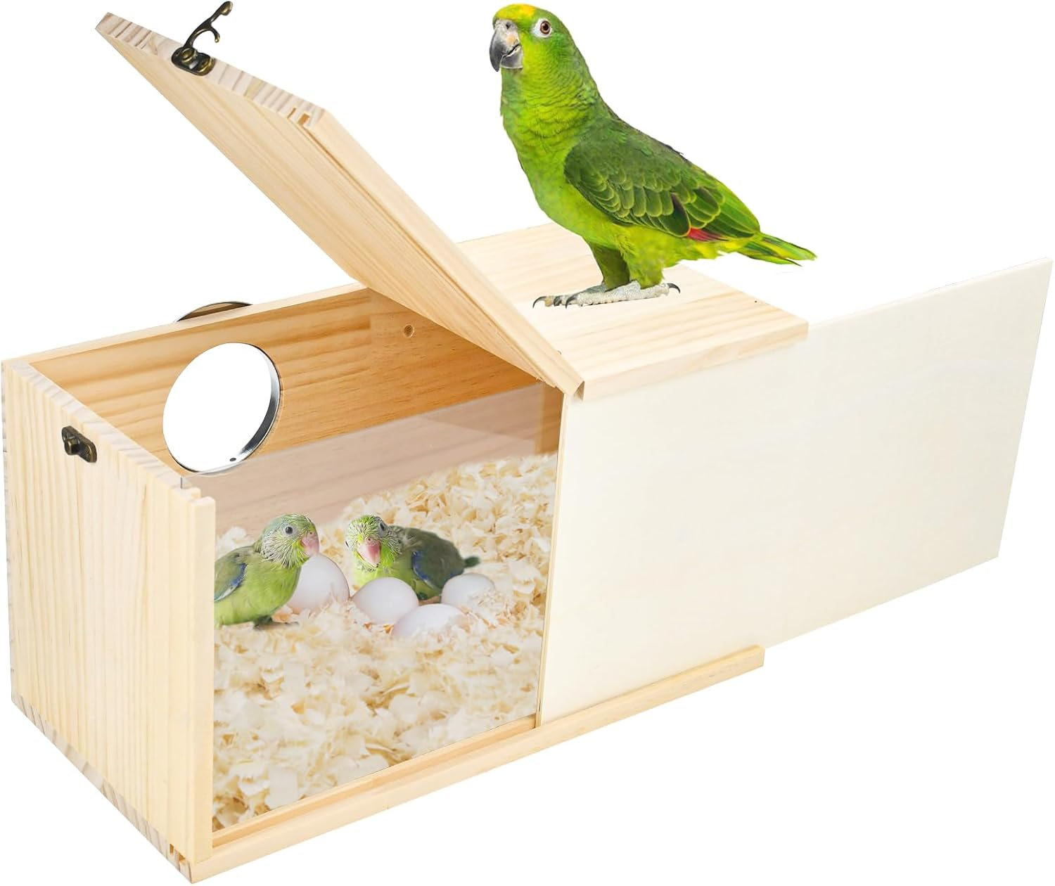Cooshou Parakeet Nesting Box Cockatiel Nesting Natural Pine Bird Nest Bird Breeding Box House Acrylic Transparent Bird Box with Detachable Wooden Board for Lovebirds Cockatiel Budgie Conure Parrot L image number 2
