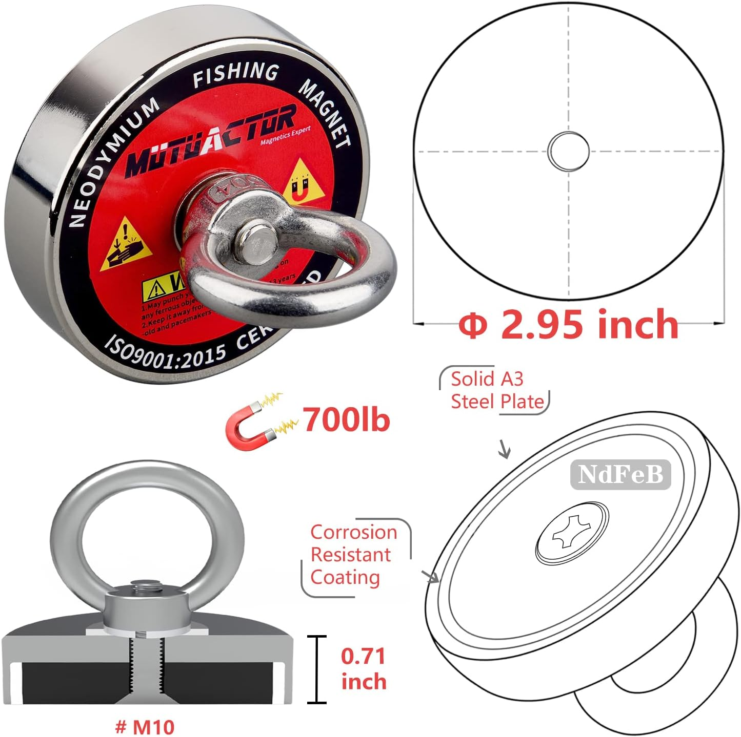 Fishing Magnet Kit,700Lb,1000Lbs,1200Lbs Neodymium Magnet,Strong Magnet Fishing Heavy Duty with 65Ft Salvage Rope,Gloves,Bag for Retrieving Tools &Find Treasure (700Lbs Vertical Set) image number 1