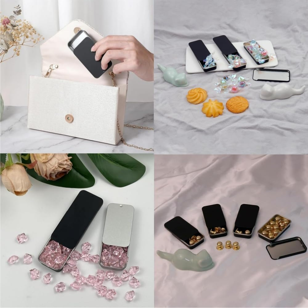 20Pcs Mini Portable Slide Top Small Tin Containers,2.36" X 1.34" X 0.39"Metal Tins Box Empty Storage Organizer Tins with Lids for Lip Balm Candies Candles (&lrm;Black) image number 6