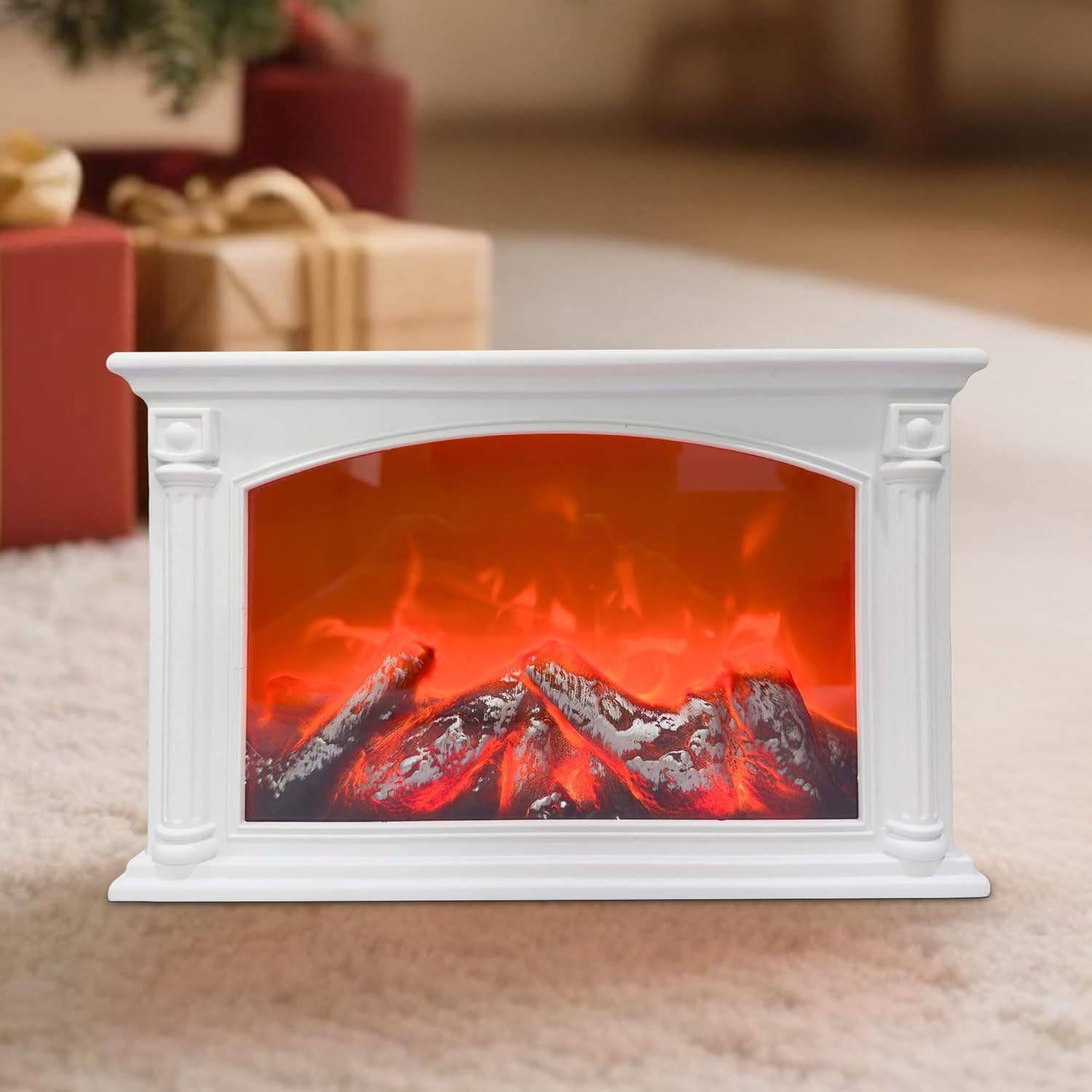 LED Fireplace, Fireplace Lamp with Button Switch, Electric Fireplaces with Flame Effect, USB and Battery Operated Fireplace Simulation Table Fireplace Ornament Home (White) image number 2