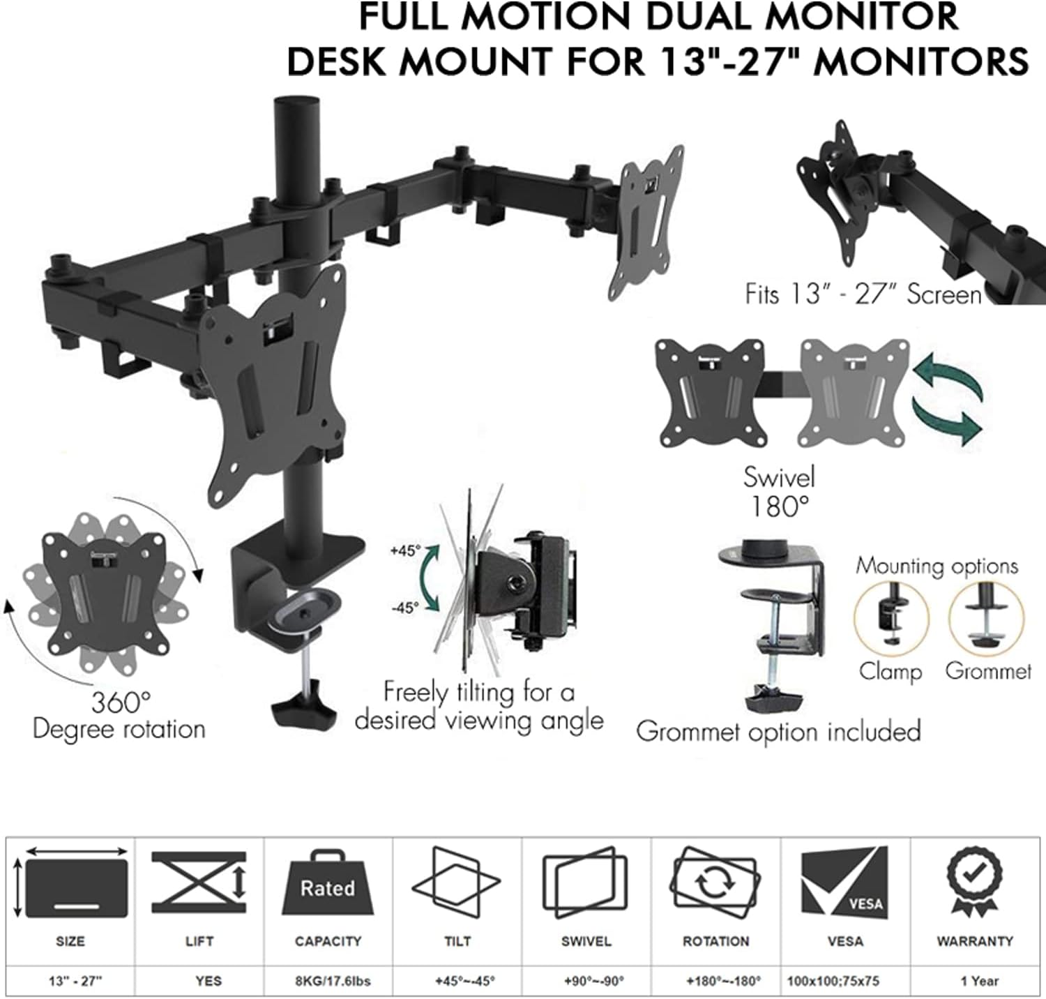Dual Monitor Stand, Dual Monitor Arm HD LED TV Freestanding Mount Holder 2 Arm Display Bracket 8KG image number 1