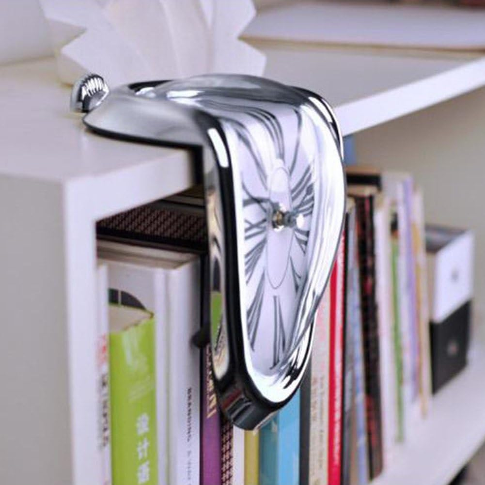 EKDJKK Melting Clock, Decorative Dali Watch Melting Clock, Fashion Surrealistic Table Shelf Desk Clock Salvador Dali Inspired Funny Home Office Desks Watch (Silver) image number 1