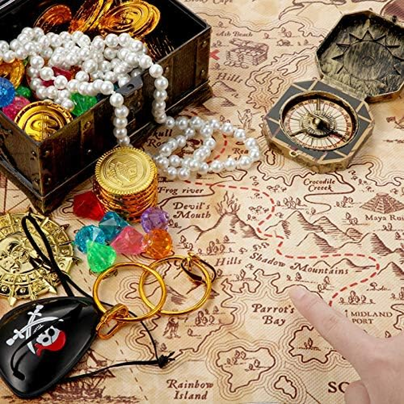 89 Pieces Pirate Treasure Chest Toy Kit Vintage Pirate Treasure Chest Pirate Eye Patch Gold Earrings Gold Coin Gems Plastic Toy Compass Pirate Map for Cosplay Themed Party Favors (Creative Style) image number 3