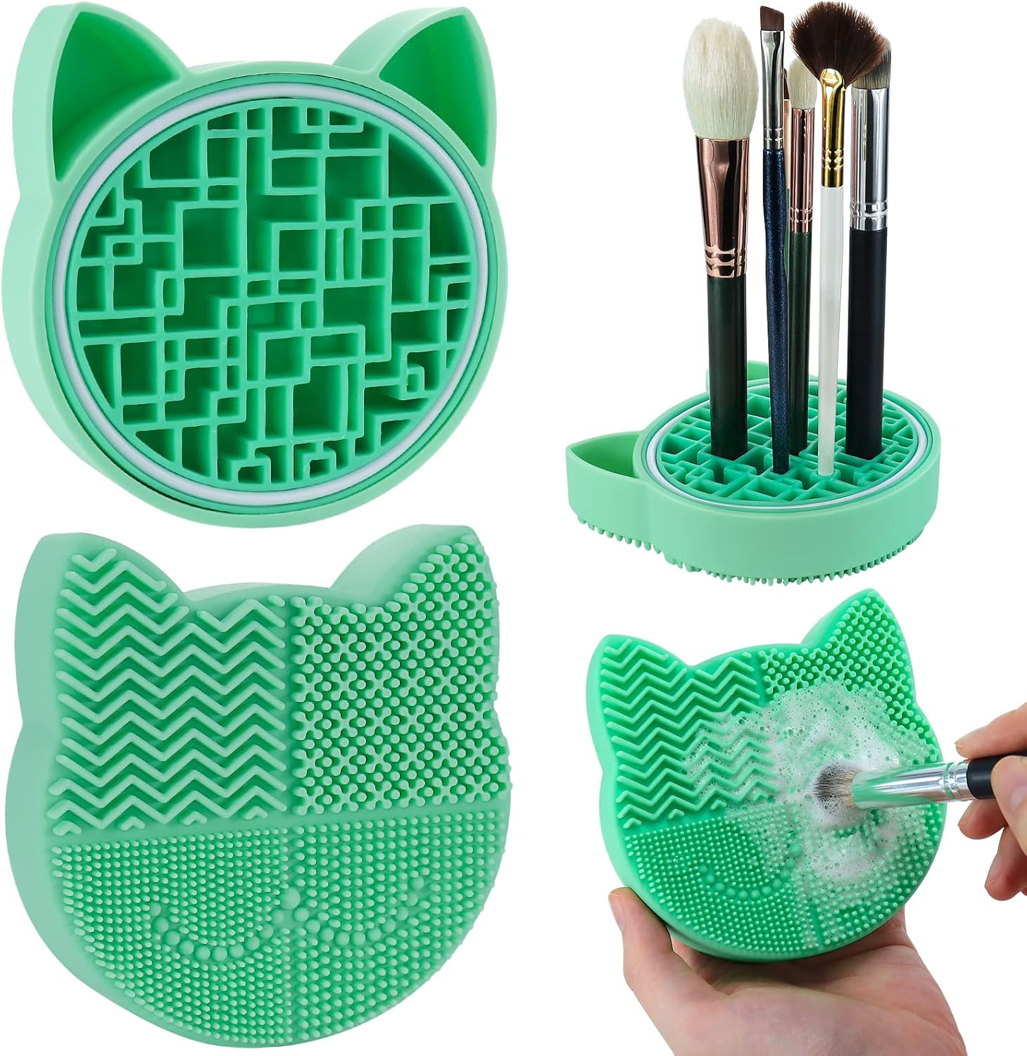 Mygeromon Makeup Brush Cleaning Mat with Drying Holder for Sink- Silicone Washing Cosmetic Cleaner Pad (Green) image number 6