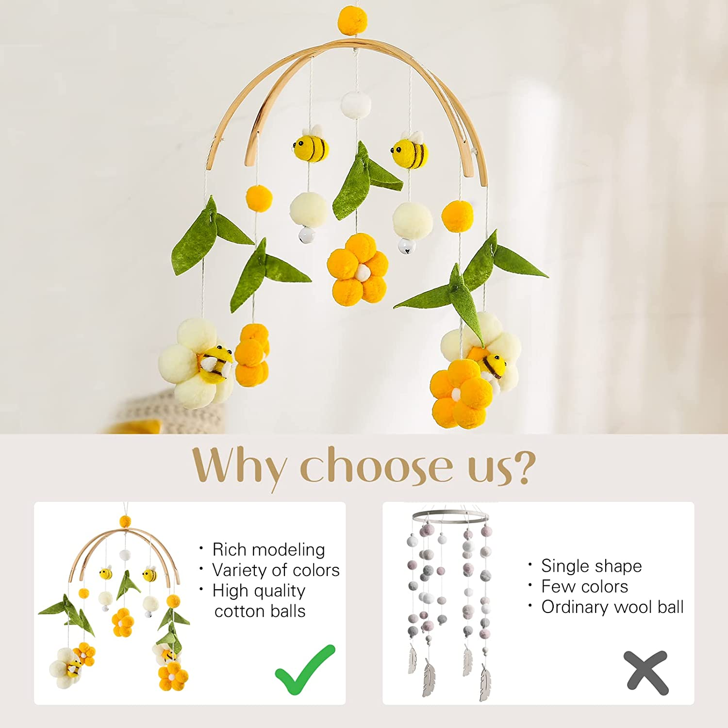Youuys Mobile Baby Wooden with Felt Balls, Bees and Flowers, Baby Mobile Wind Chime, Bed Bell Pendant for Baby Bed, Nursery Decoration, Gift for Baby Girls or Boys